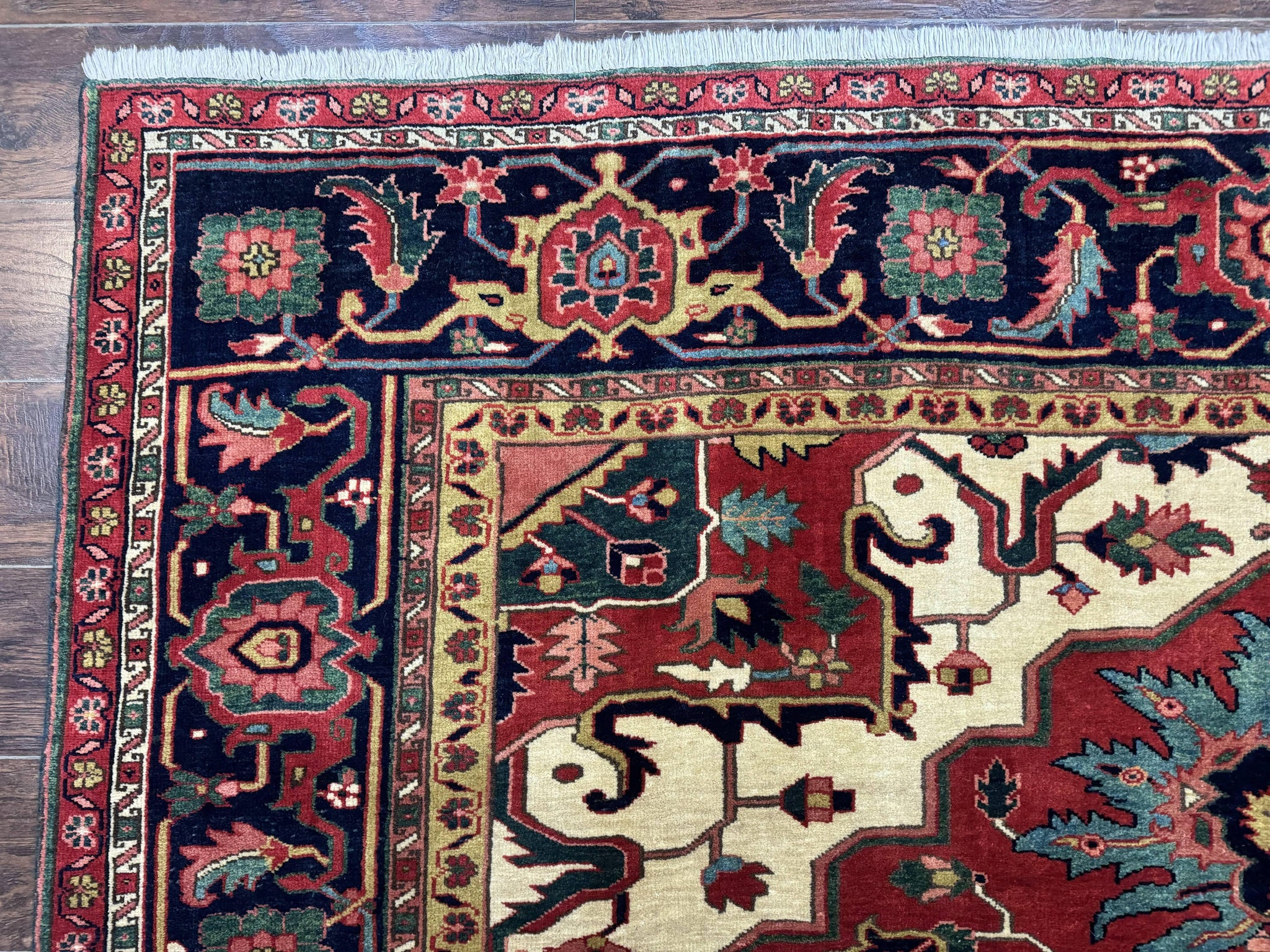 Persian Heriz Serapi Rug 8 x 10.6, Geometric Medallion, Great Colors, Rare, Red Navy Blue Ivory by Jewel Rugs