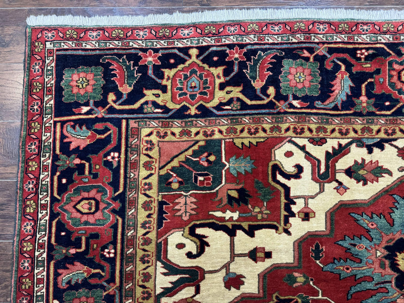 Persian Heriz Serapi Rug 8 x 10.6, Geometric Medallion, Great Colors, Rare, Red Navy Blue Ivory by Jewel Rugs
