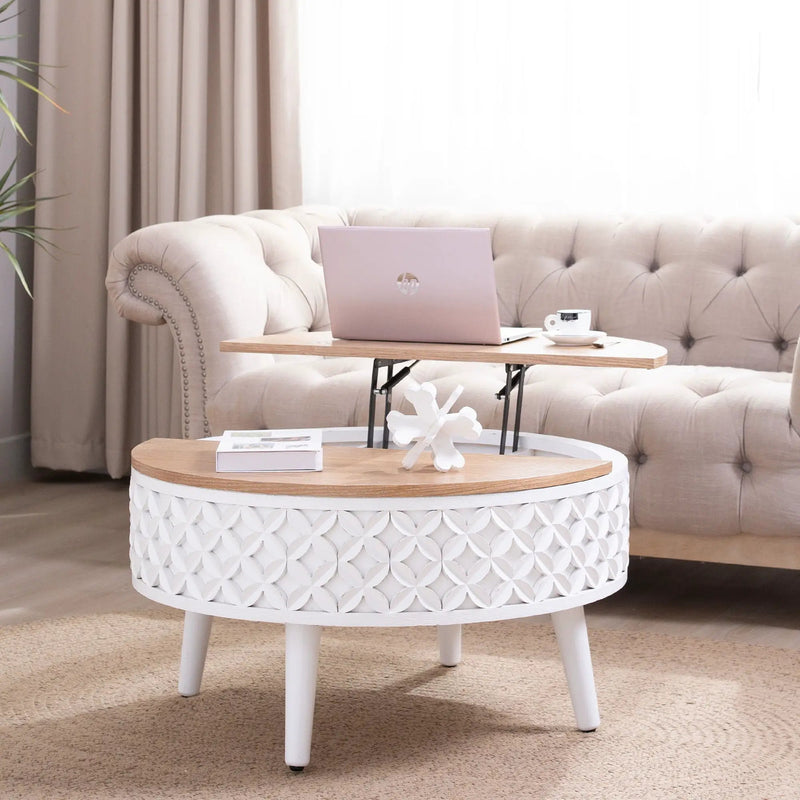 Round Coffee Table With Storage - White / Light Oak by Unique Piece Furniture