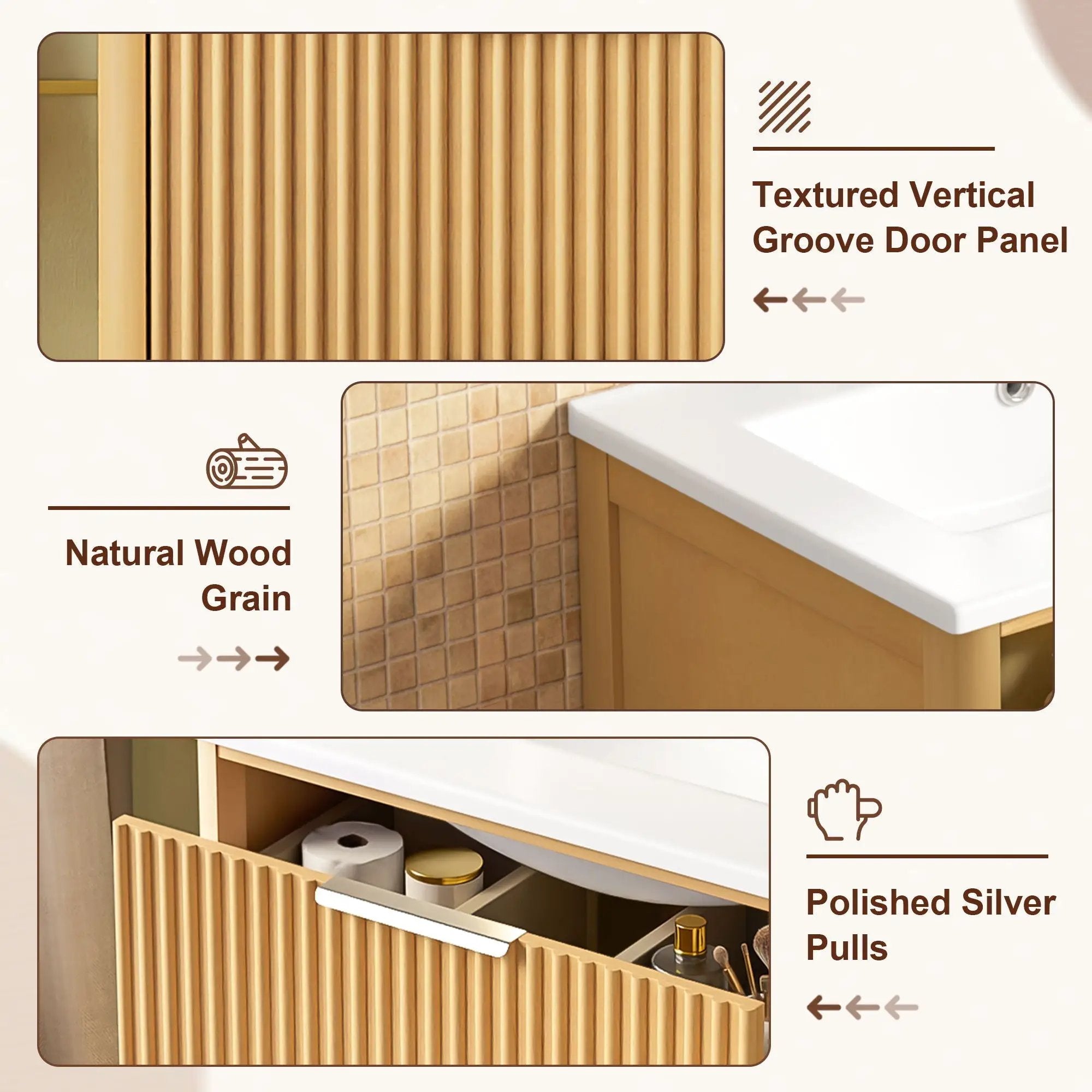 Bathroom Vanity With Sink, Open Shelf & Closed Storage - Natural Wood by HouseOfZazla