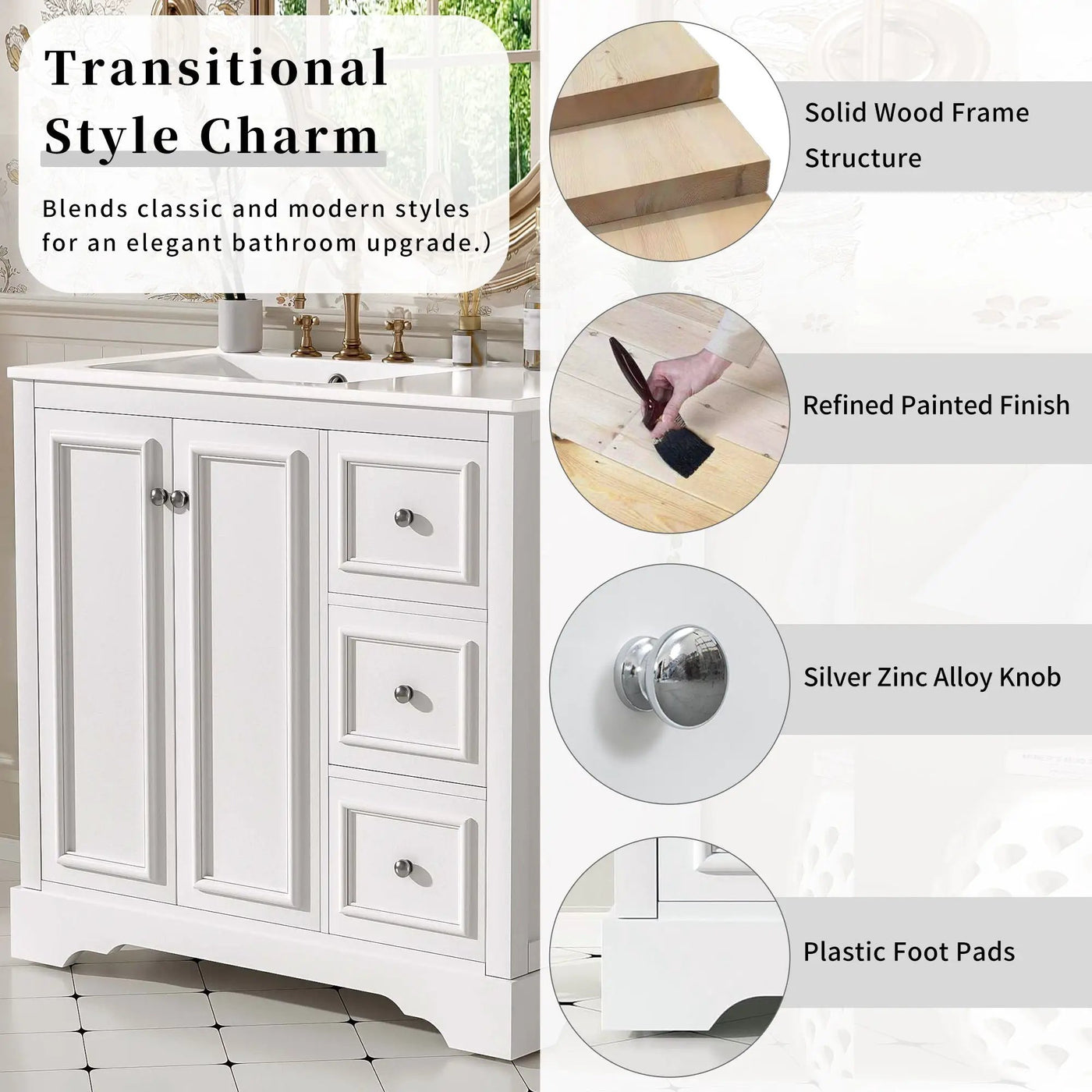 Bathroom Vanity With Sink, Soft-Close Doors, Adjustable U-Shelf, 3 Drawers by HouseOfZazla
