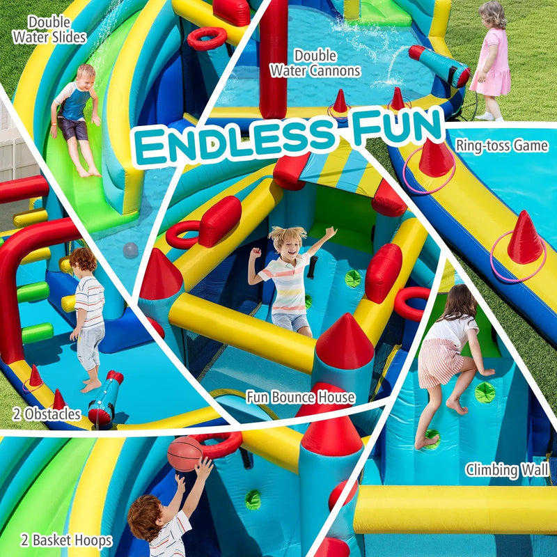Inflatable Double Water Slide Park with Obstacle Course and 680W Blower by DirectDeals