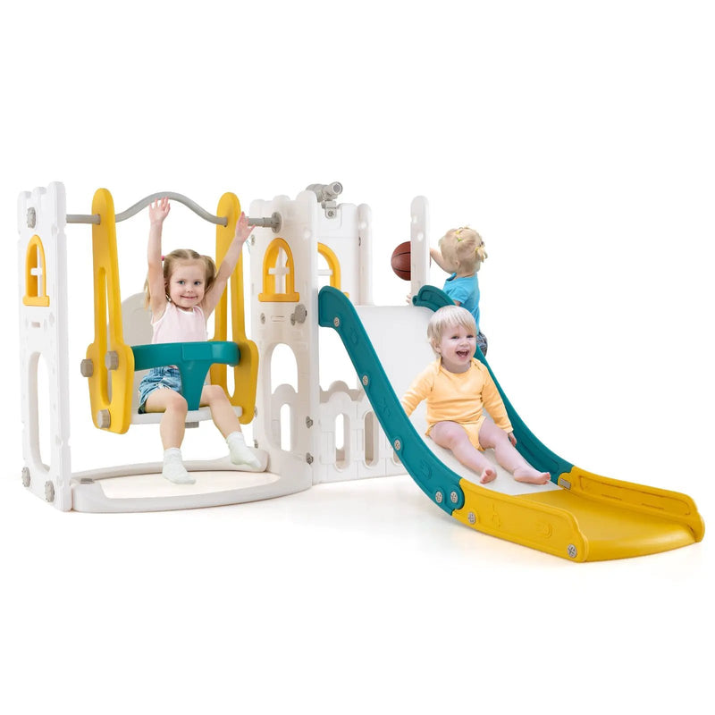7-in-1 Toddler Swing and Slide Set L-shaped with Ladder and Basketball Hoop by DirectDeals