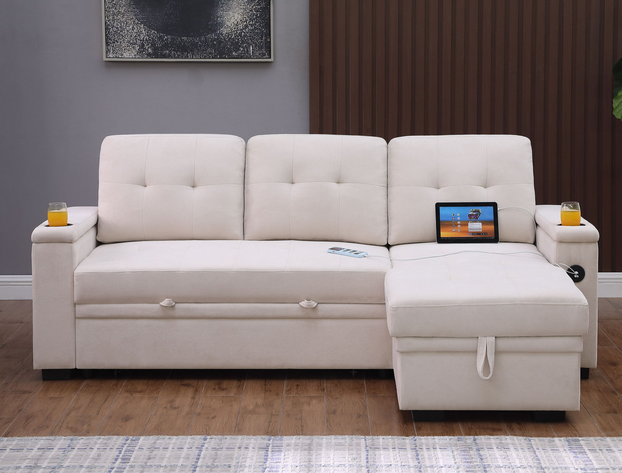Ashlyn II - 84"W Woven Fabric Reversible Sleeper Sectional Sofa with Storage Chaise by HouseOfZazla