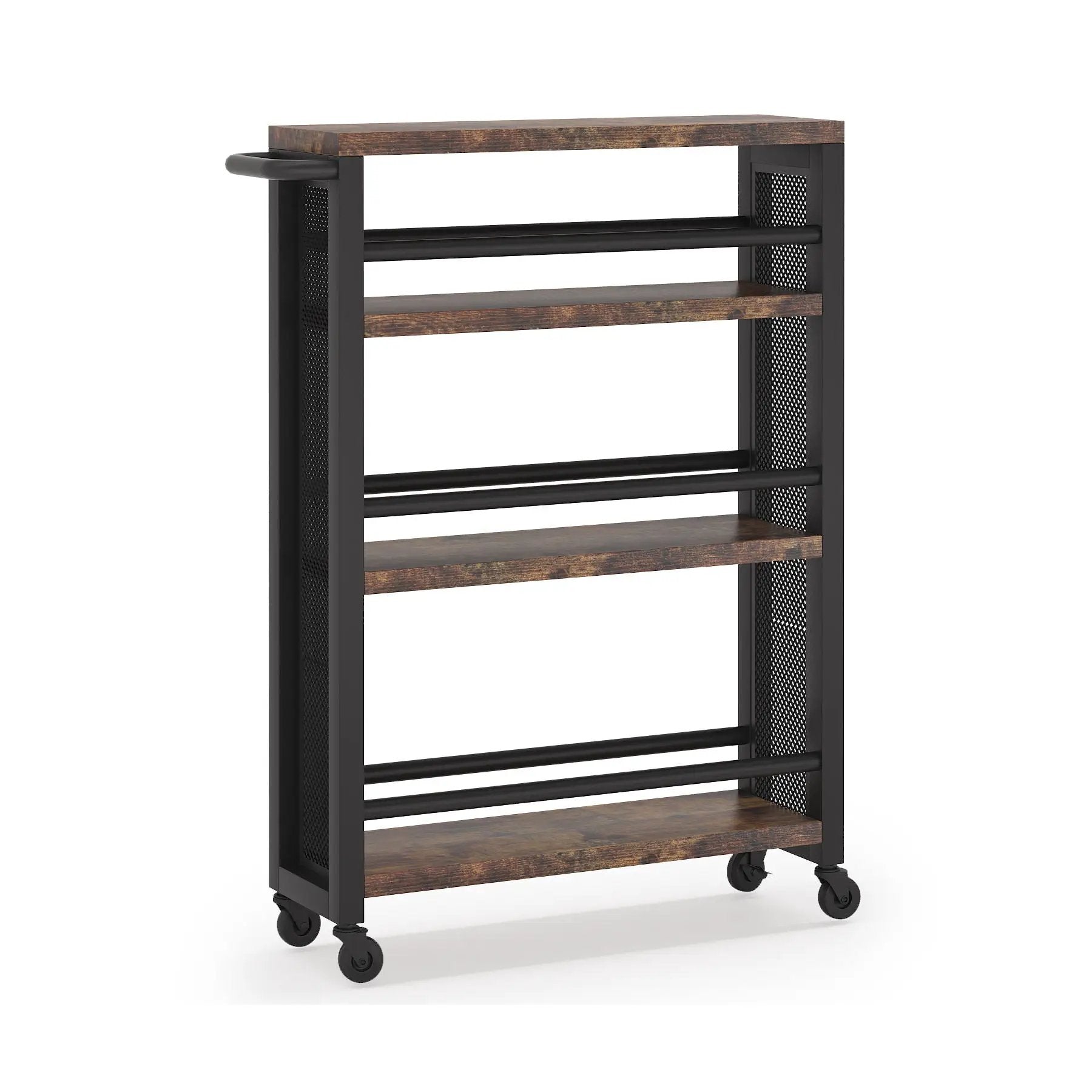 Slim 4 Tier Rolling Utility Cart With Wheels, Narrow Kitchen Storage Trolley - Brown / Black by HouseOfZazla