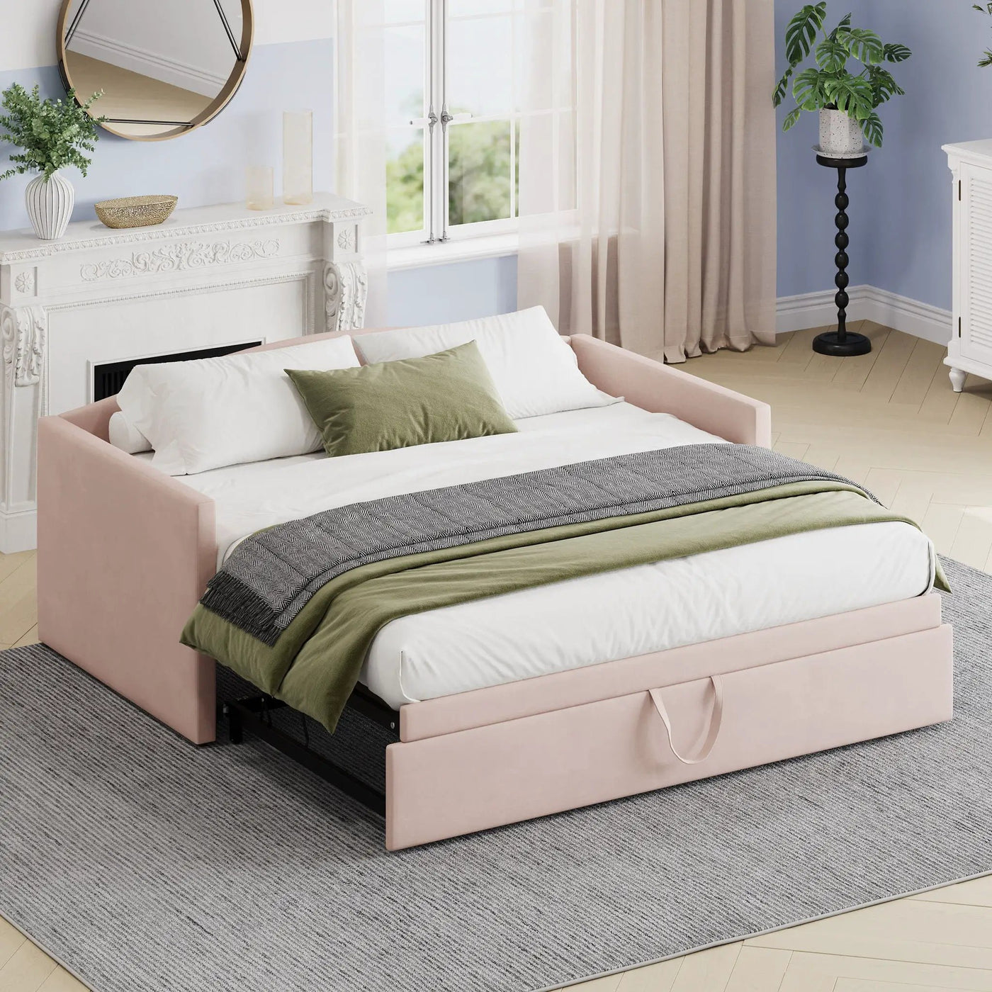 Daybed With Pop Up Trundle, Upholstered Sofa Bed by HouseOfZazla