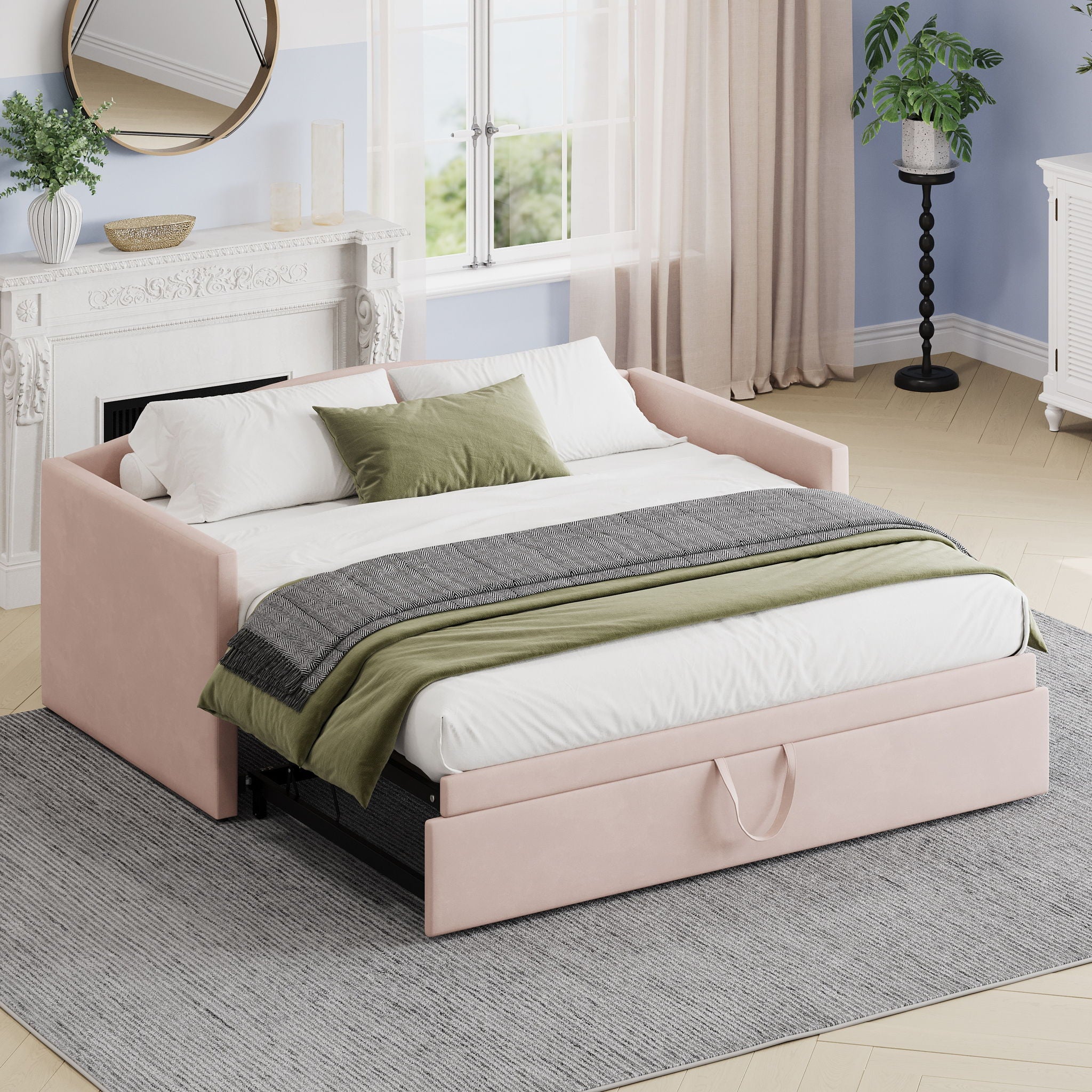 Daybed With Pop Up Trundle, Upholstered Sofa Bed by HouseOfZazla
