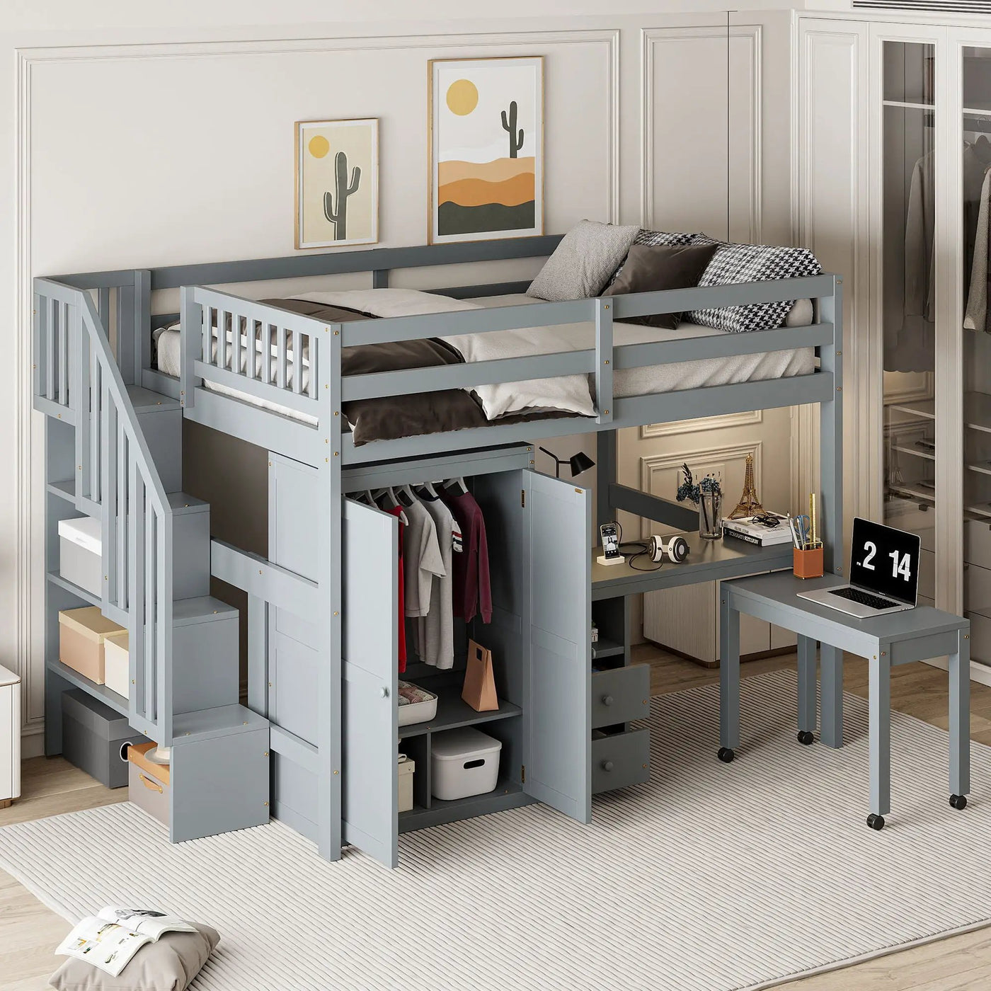 Loft Bed With Stairs, Bookshelf, Drawers, Desk & Wardrobe, Space Saving Multifunctional Furniture by Unique Piece Furniture