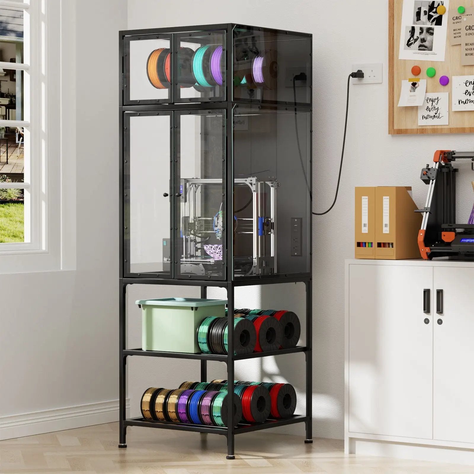 3D Printer Cabinet With Double Layer Filament Storage, T-Shaped Filament Bar, Noise Reducing And Dust Proof Design - Black by Unique Piece Furniture