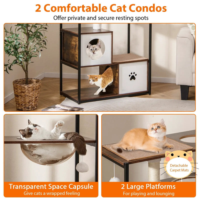 52 Inch Tall Wooden Cat Tree Metal Frame with 2 Condos and Cushions-Coffee by DirectDeals
