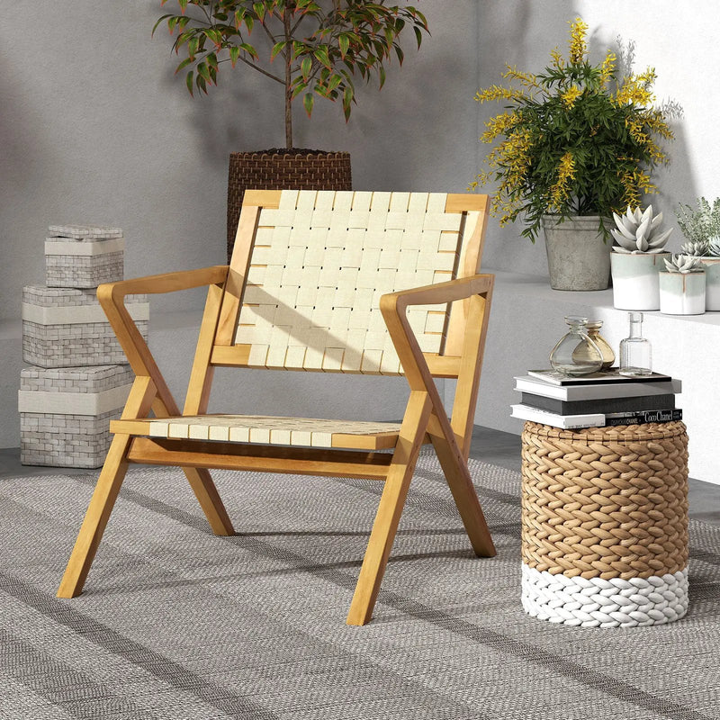 Outdoor and Indoor Teak Wood Patio Chair wuth Webbing Seat and Backrest-Natural by DirectDeals