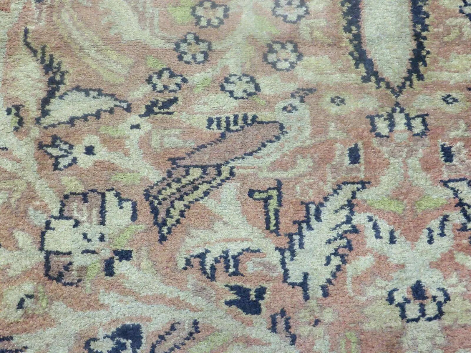 Indian Silk Rug 4x6, Indian Kashmiri Silk Carpet 4 x 6 ft, Vintage Hand Knotted Floral Bird Motifs, Light Pink and Navy Blue, Silk on Cotton by Jewel Rugs