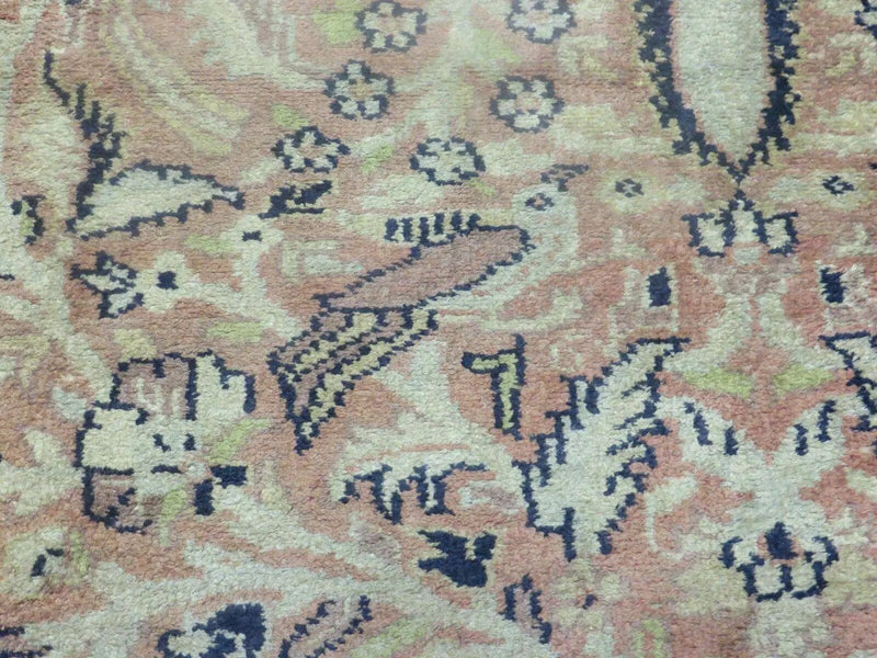 Indian Silk Rug 4x6, Indian Kashmiri Silk Carpet 4 x 6 ft, Vintage Hand Knotted Floral Bird Motifs, Light Pink and Navy Blue, Silk on Cotton by Jewel Rugs