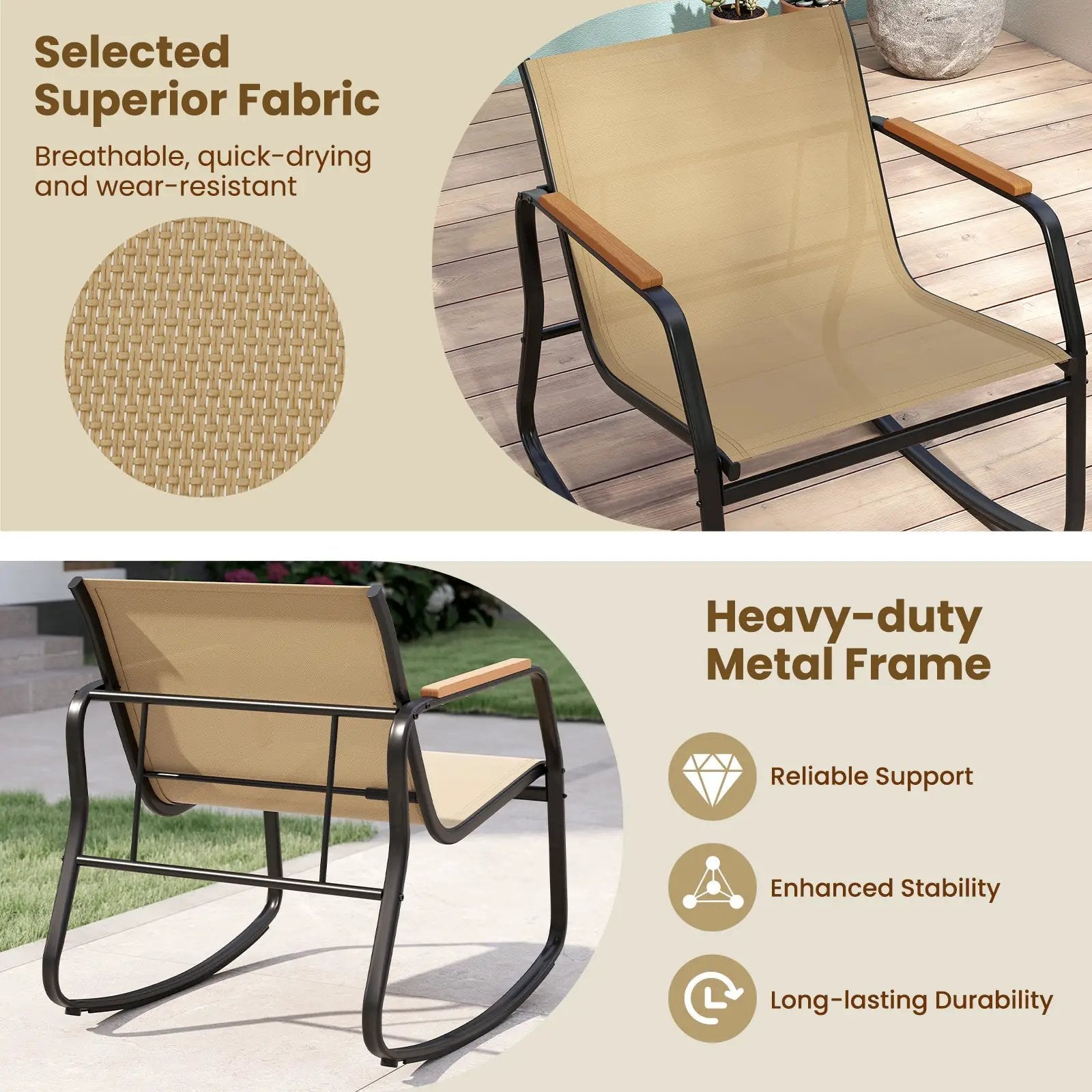3 Piece Rocking Bistro Chairs and Side Table Set with Storage Bag-Brown by DirectDeals