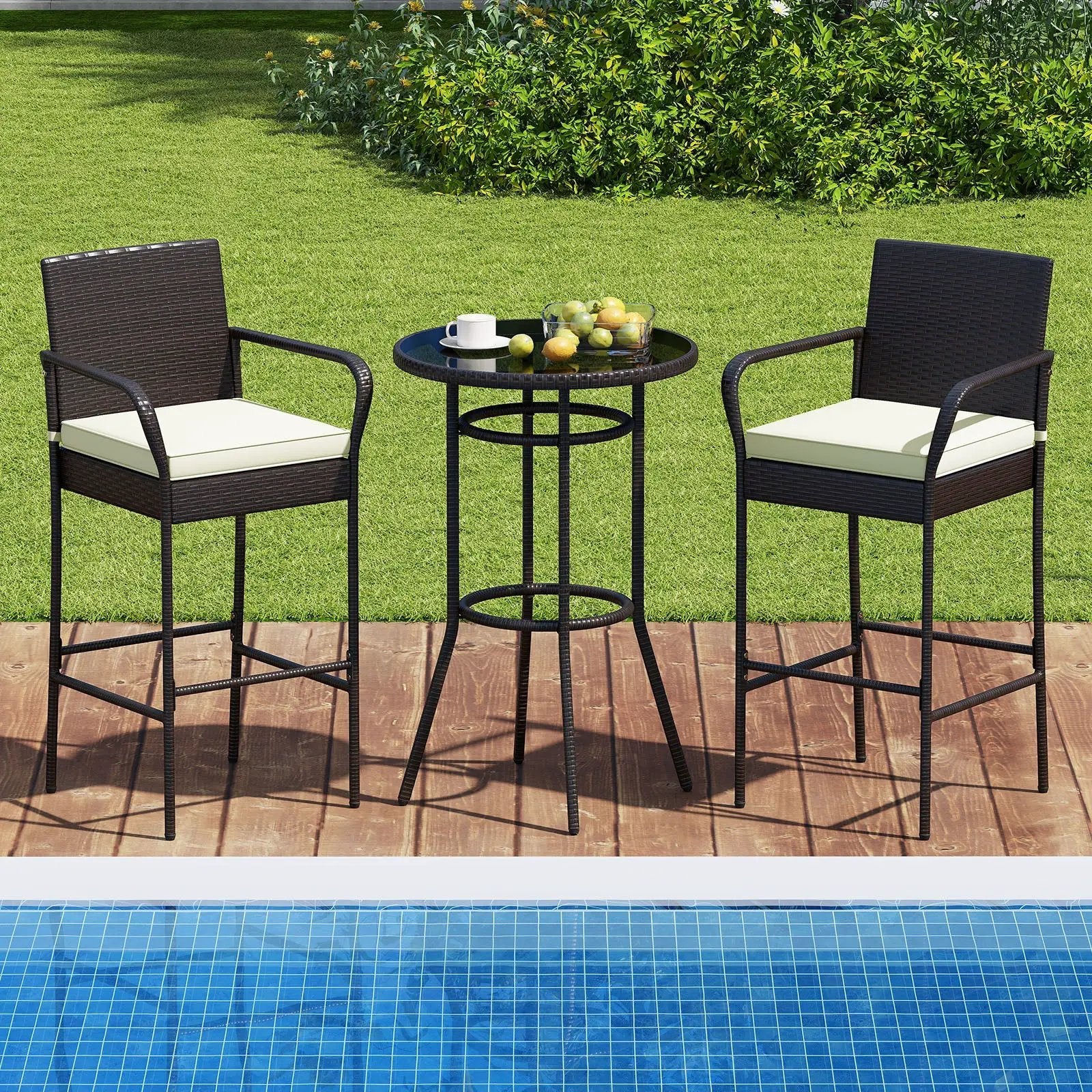 Patio Rattan Bar Height Table and Chairs with 2 Seat Cushions for Porch-White by DirectDeals