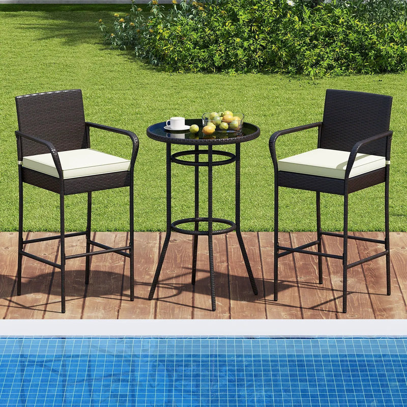 Patio Rattan Bar Height Table and Chairs with 2 Seat Cushions for Porch-White by DirectDeals