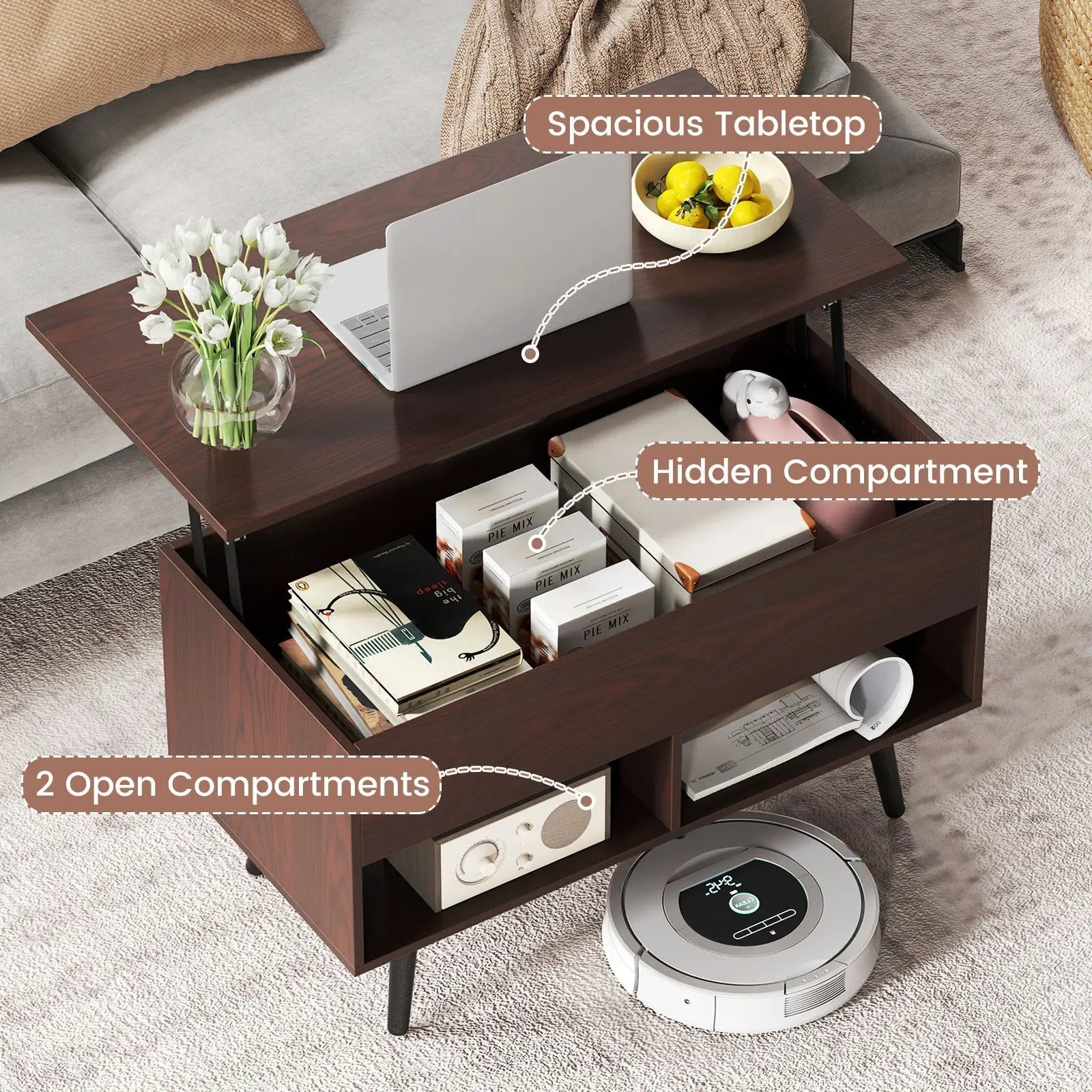 31.5 Inch Lift-Top Coffee Table with Hidden Storage and 2 Open Shelves by DirectDeals