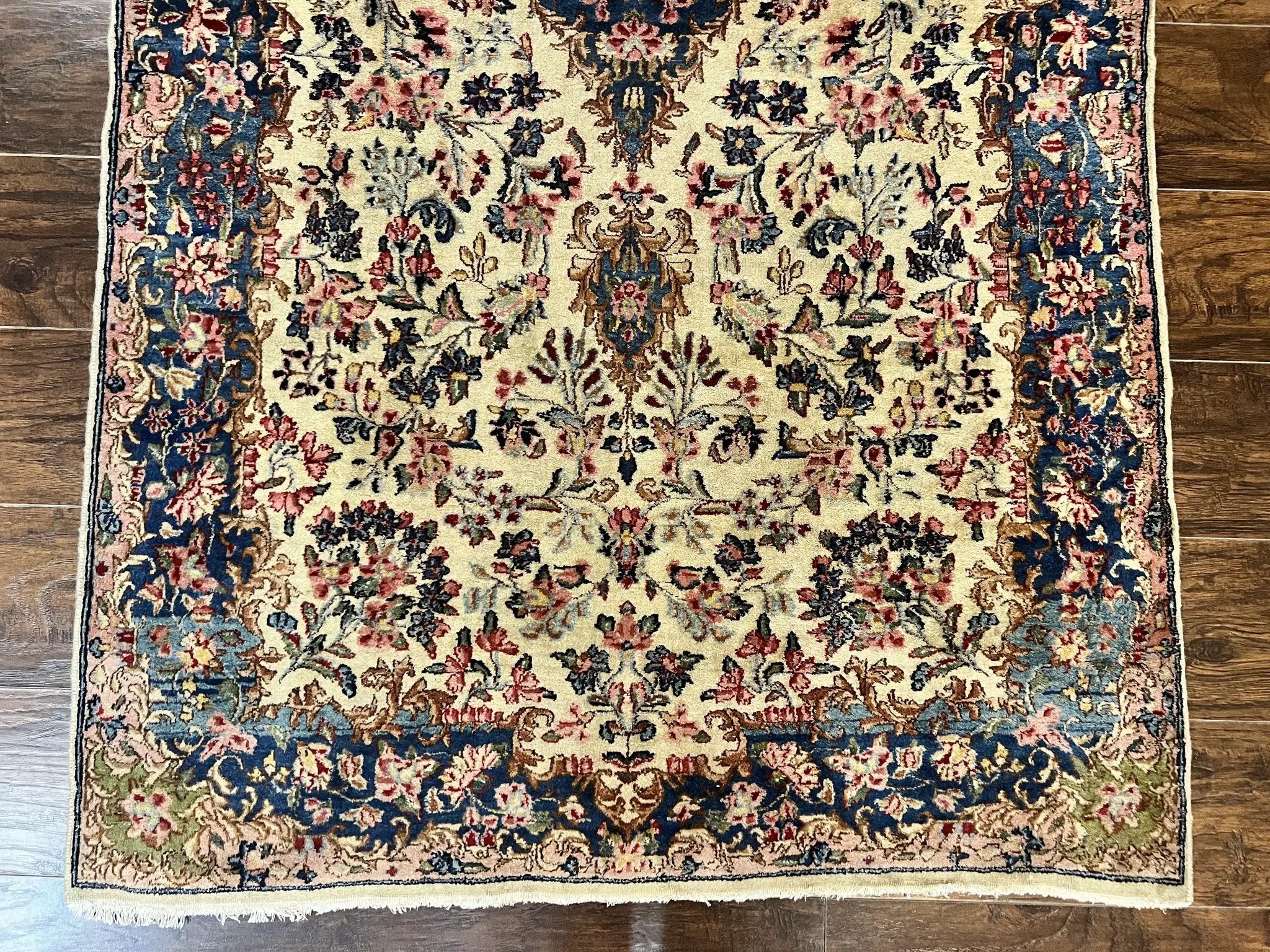 Antique Persian Kirman Rug 4x7, Cream and Navy Blue, Hand Knotted Wool Floral Carpet by Jewel Rugs