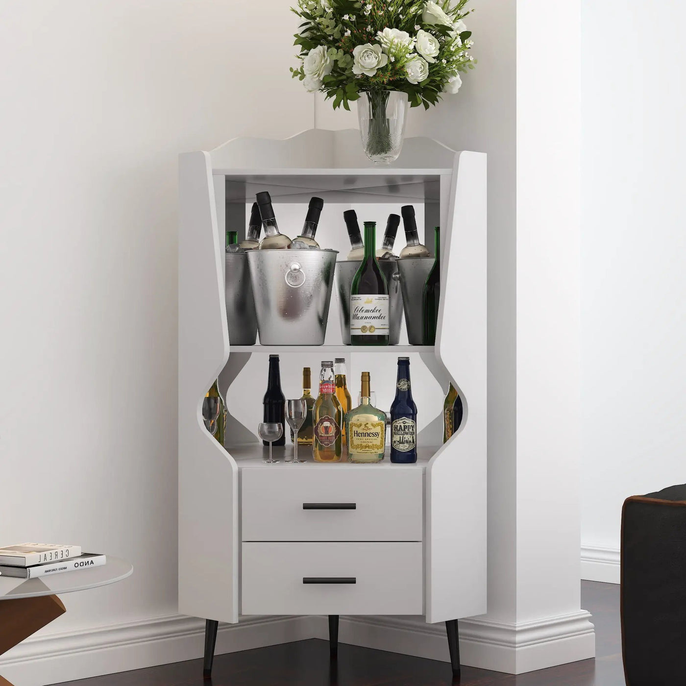 Corner Bar Cabinet With Mirrored Back, 2 Open Shelves & 2 Drawers by HouseOfZazla