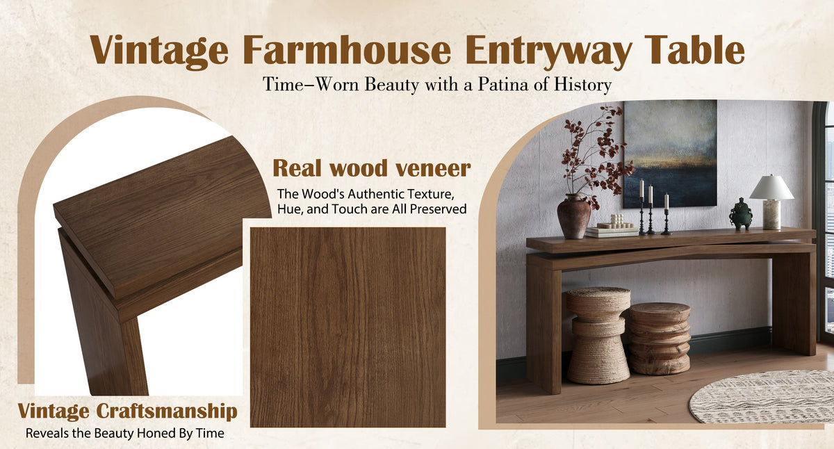 65-Inch Solid Wood Veneer Console Table, Long Farmhouse Entryway Sofa Table for Living Room, Hallway, Behind Couch, Apartment, Antique Rustic, photo 5 of 9