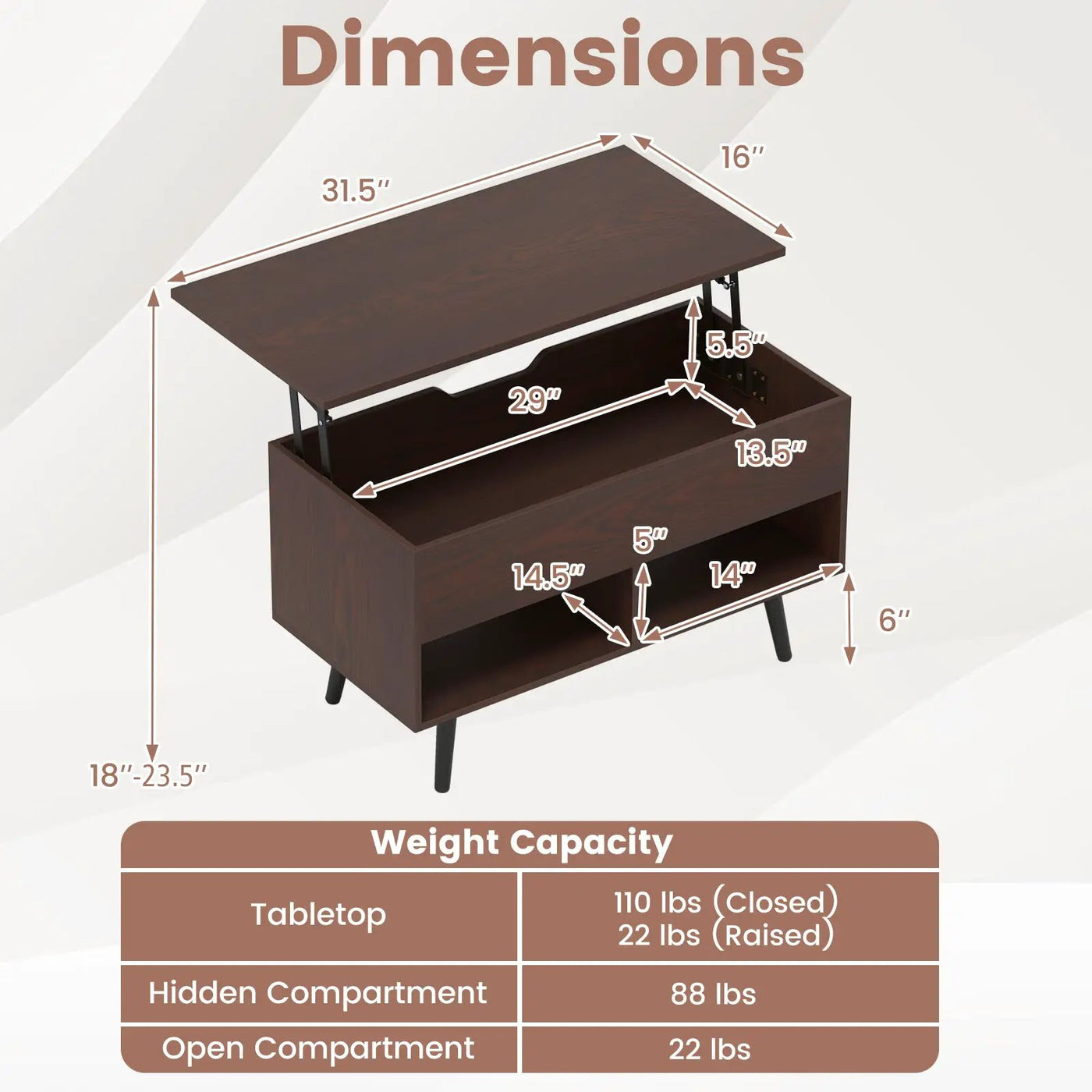 31.5 Inch Lift-Top Coffee Table with Hidden Storage and 2 Open Shelves by DirectDeals
