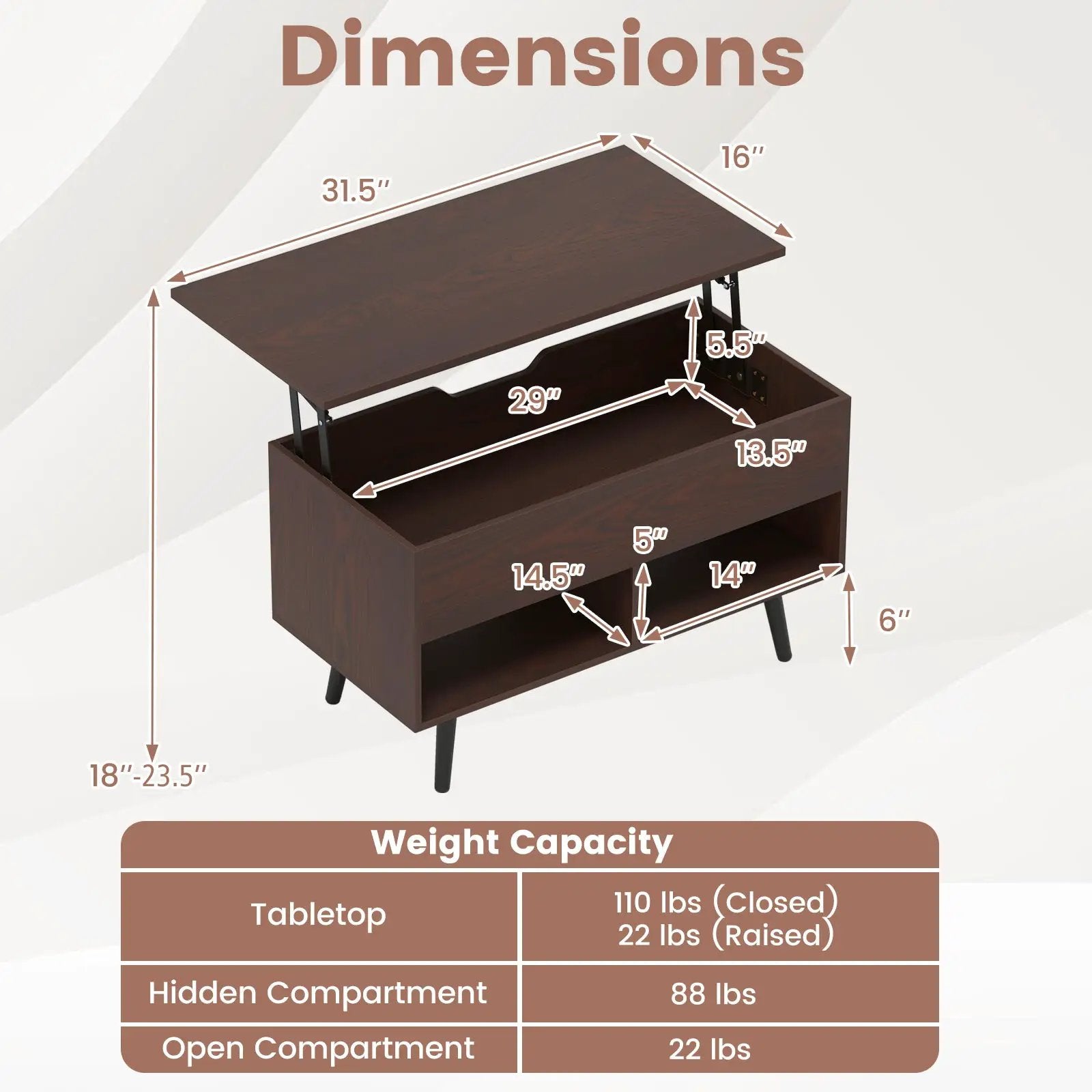 31.5 Inch Lift-Top Coffee Table with Hidden Storage and 2 Open Shelves by DirectDeals