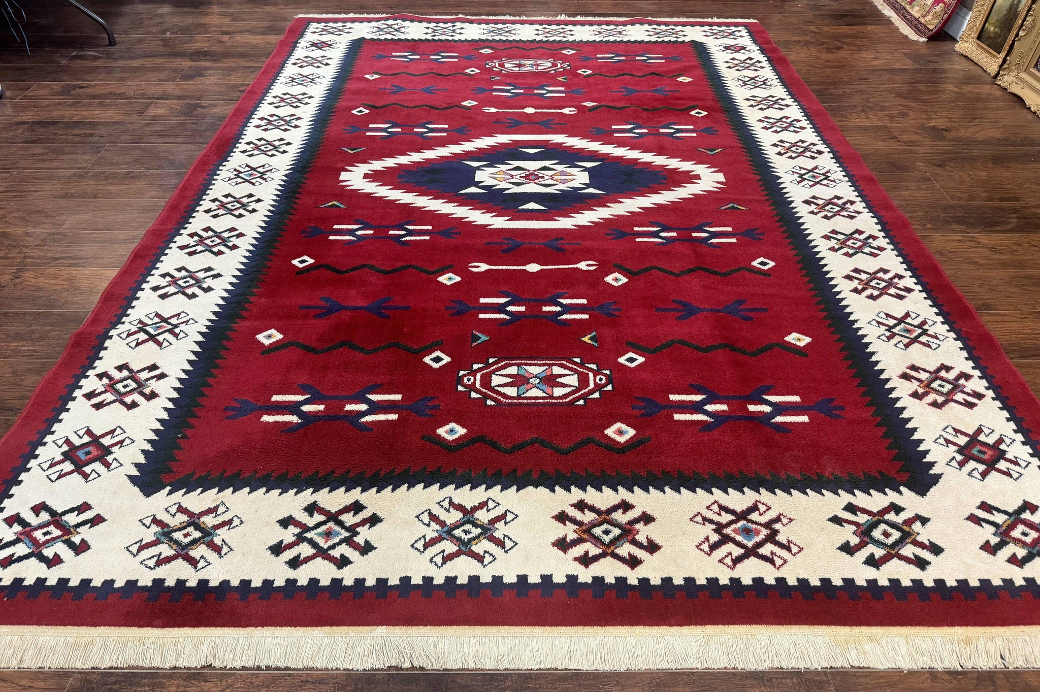 Belgium Power Loomed Rug 8x11, Navajo Native American Design, Dark Red and Ivory, Tribal Rug, Bohemian Carpet by Jewel Rugs