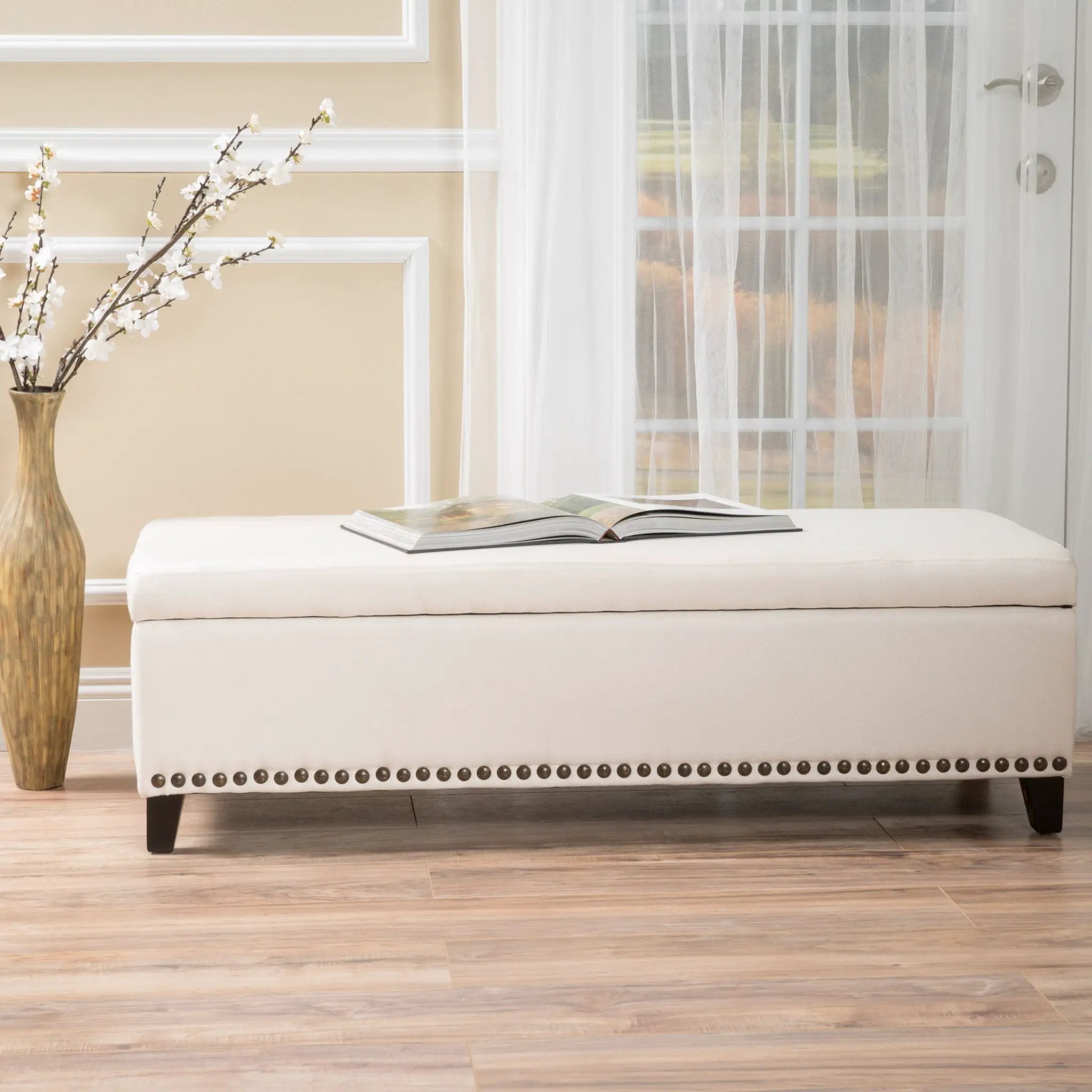 Upholstered Storage Ottoman With Nailhead Trim - Beige by HouseOfZazla