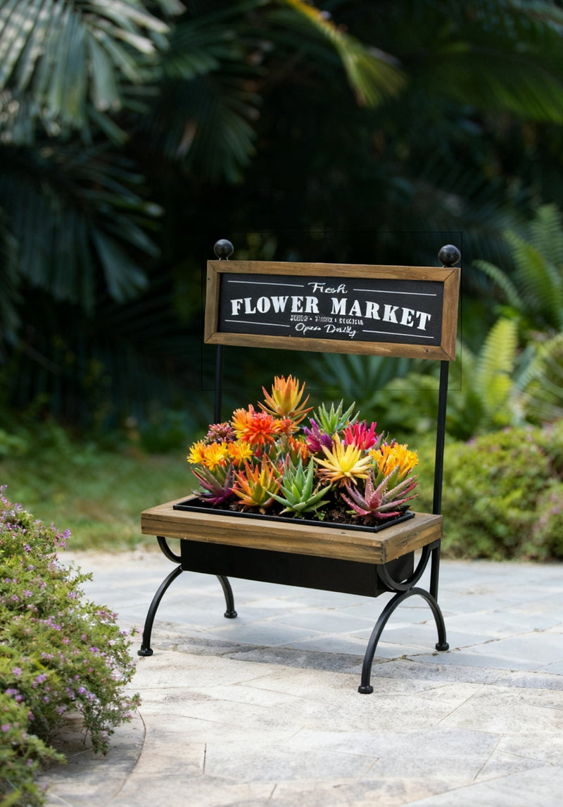Rustic Plant Stand with Wood & Metal Construction - Brown/Black