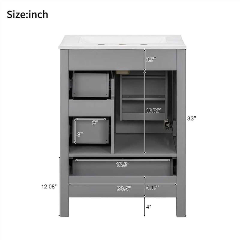 Bathroom Vanity With Sink, Soft Close Door, Double Layer Door Shelf And 3 Drawers - Gray by HouseOfZazla