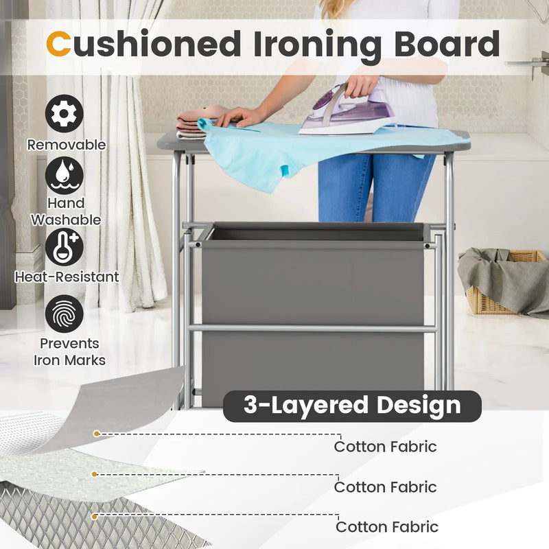 3-Section Laundry Sorter with Foldable Ironing Board and Lockable Wheels-Gray by DirectDeals