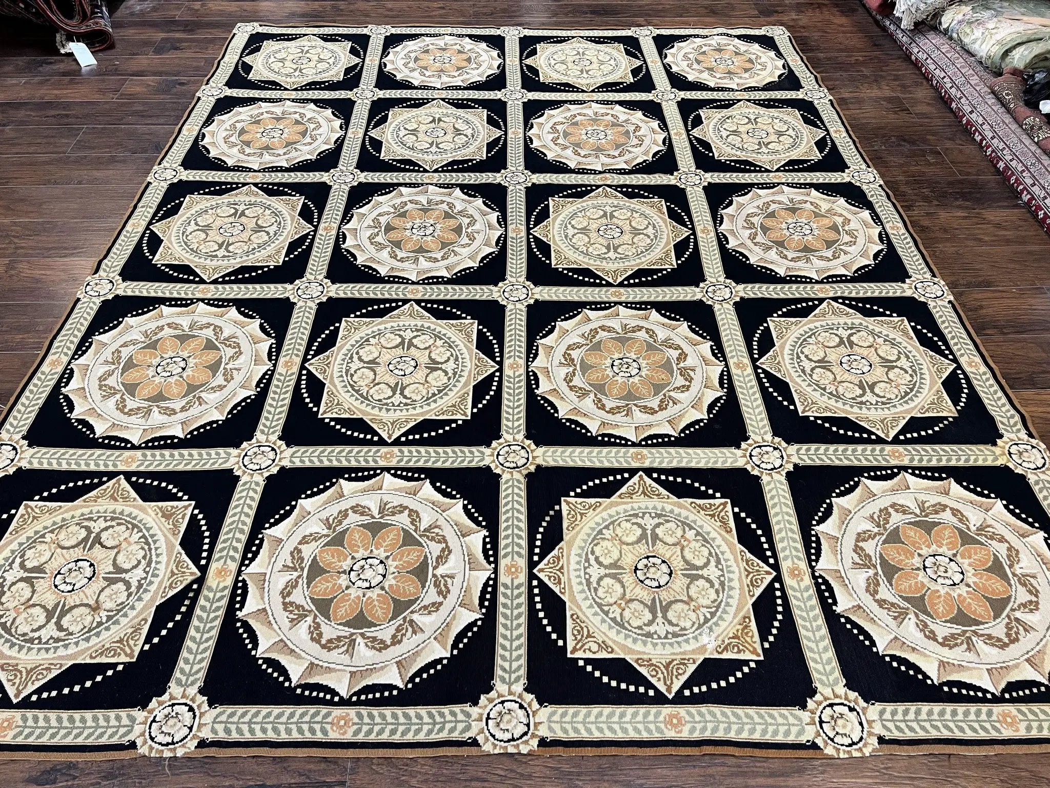 Needlepoint Rug 8x10, Black Tan Beige, Panel Design, Wool Handwoven Handmade Flatweave Needlepoint Carpet, Vintage French European Rug by Jewel Rugs