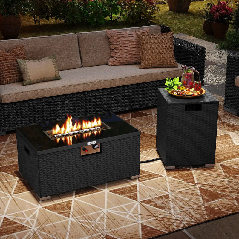 2-Piece Outdoor Rattan Fire Table Set 32 Inch Rectangle Gas Firepit with Tank Cover by DirectDeals