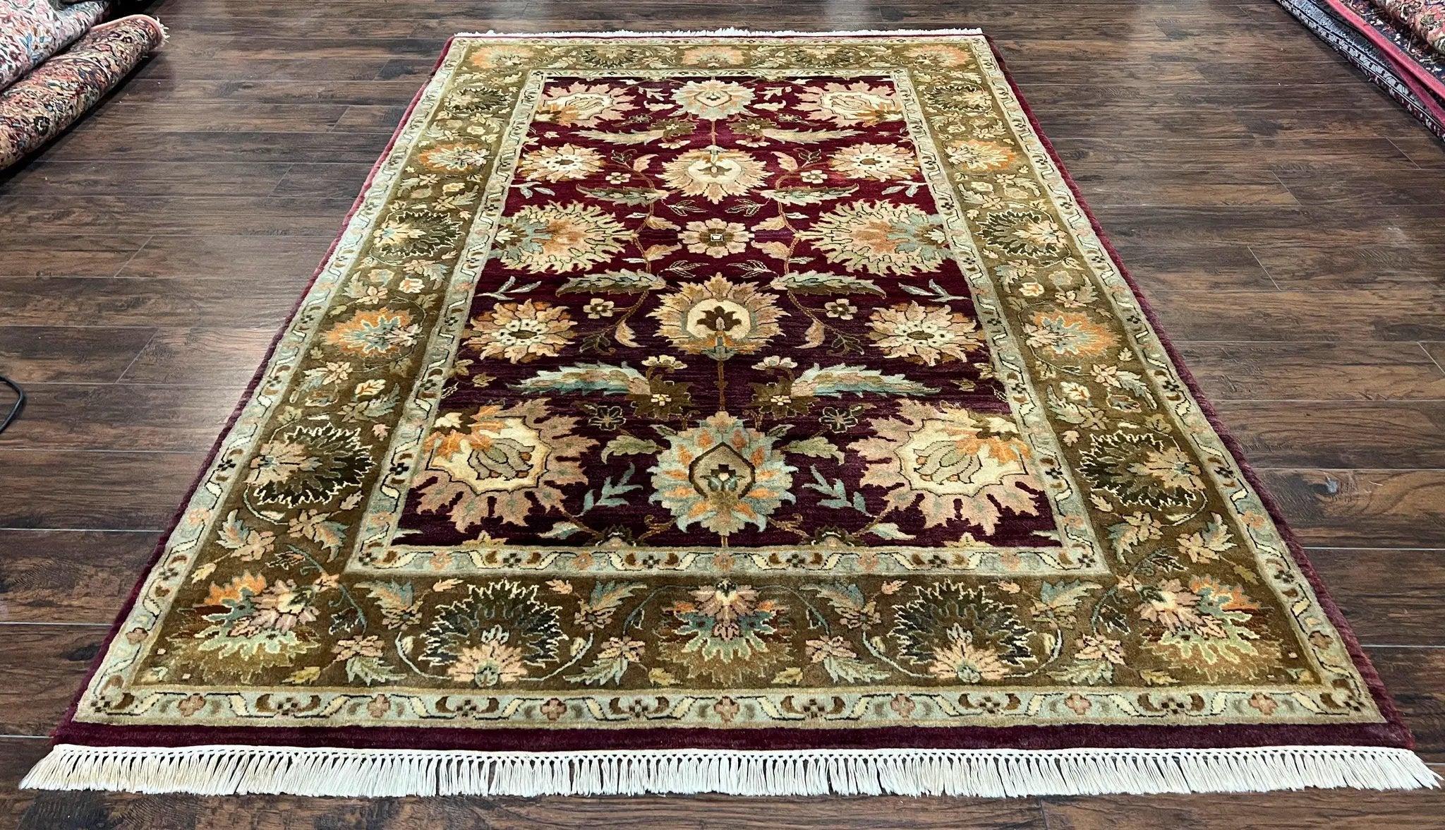 Indo Mahal Rug 6x9, Large Flowers Allover, Maroon and Green, Handmade Wool Area Rug, Vintage Rug, Indian Oriental Carpet, Hand Knotted Rug by Jewel Rugs