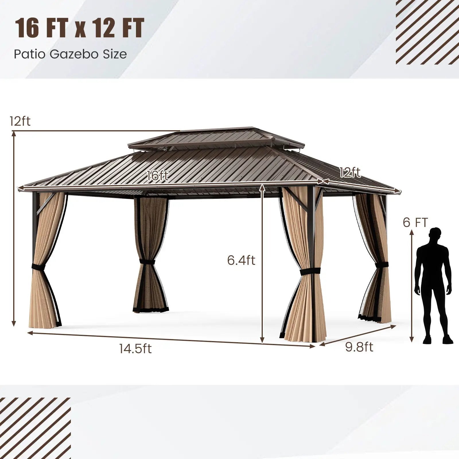 16 x 12 FT Hardtop Gazebo Outdoor Pergola for Patio Garden Deck Lawn Backyard Party Tent-Coffee by DirectDeals