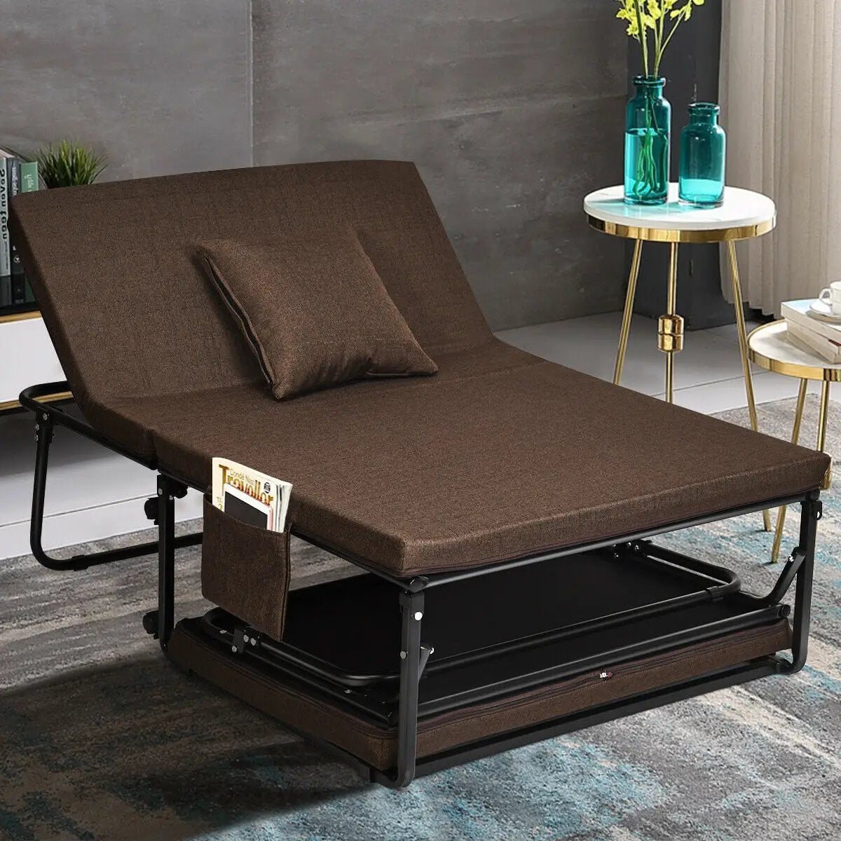 Folding Guest Sleeper Bed w/6 Position Adjustment-Brown by DirectDeals