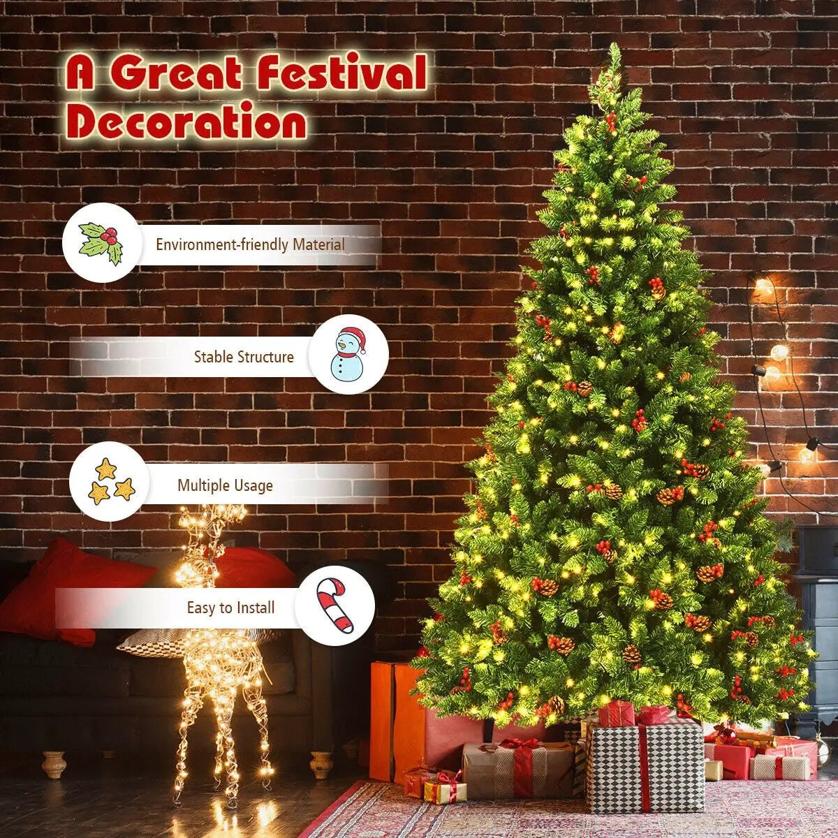 7.5 Feet Pre-lit Hinged Christmas Tree with 550 LED Lights and Sturdy Metal Stand by DirectDeals