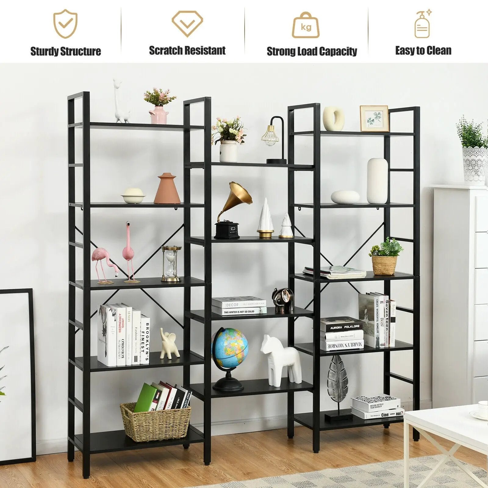 Vintage Triple Wide 5-Tier Bookcase Large Bookshelf Display Storage Shelf by DirectDeals