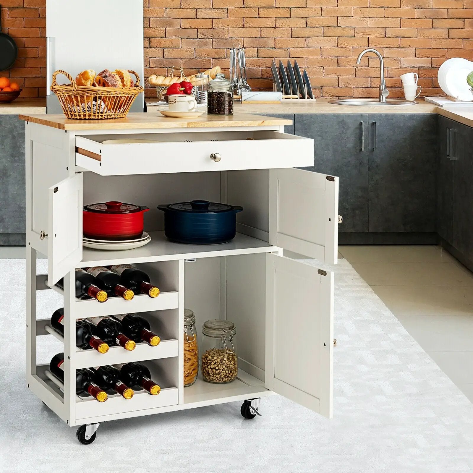 Kitchen Cart with Rubber Wood Top 3 Tier Wine Racks 2 Cabinets by DirectDeals