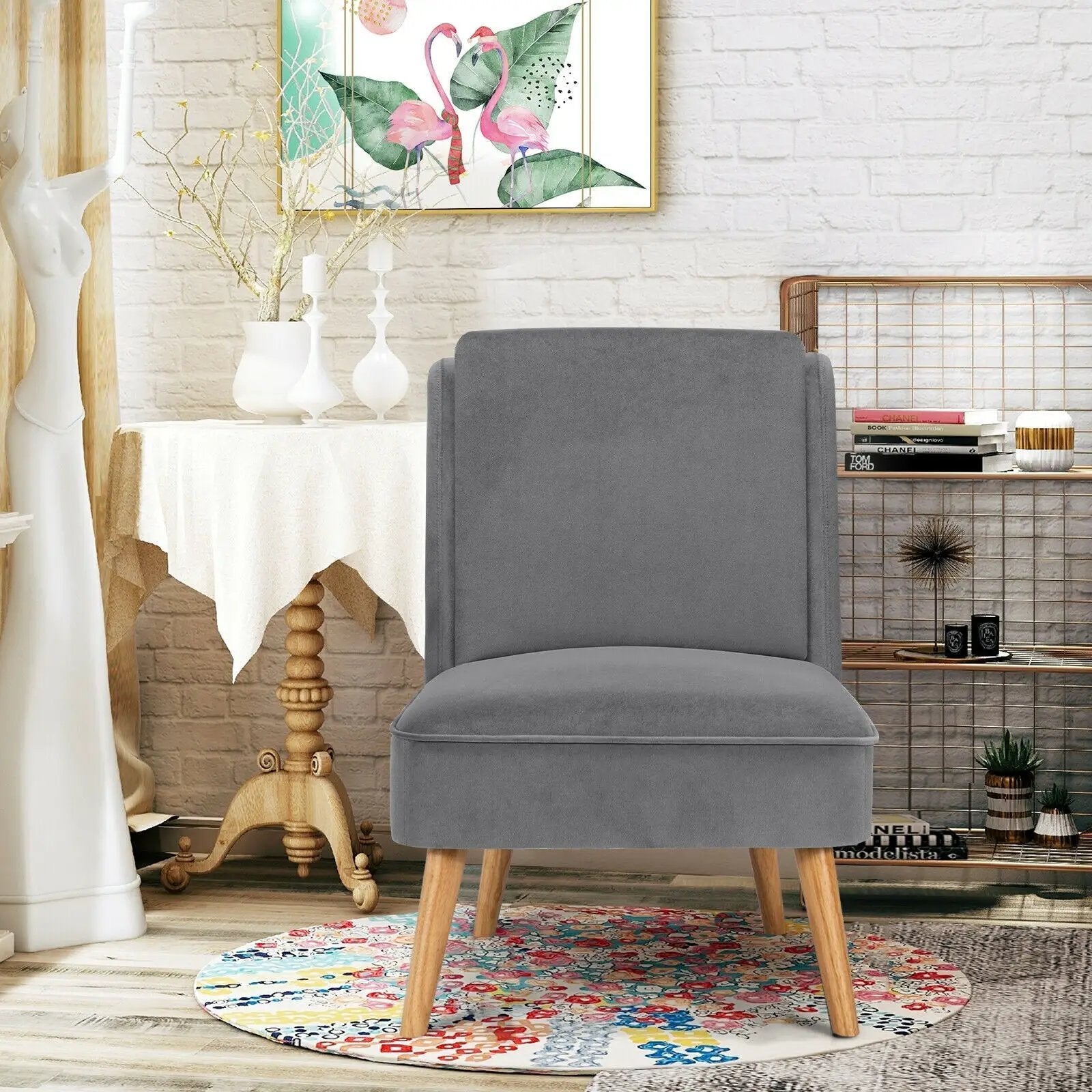 Velvet Accent Armless Side Chair with Rubber Wood Legs for Bedroom by DirectDeals
