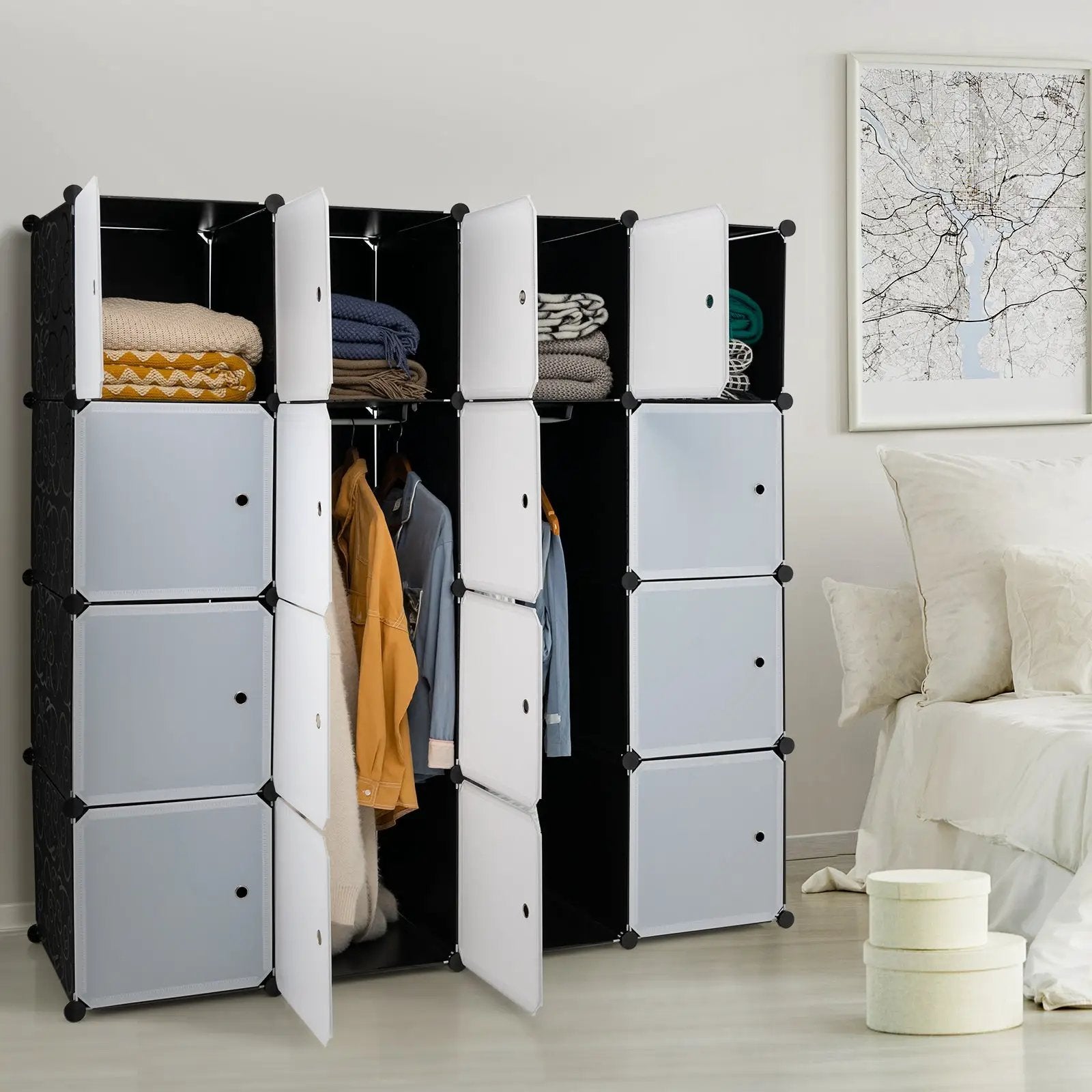 16-Cube Storage Organizer with 16 Doors and 2 Hanging Rods-Black by DirectDeals