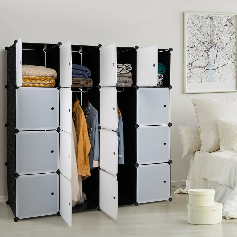 16-Cube Storage Organizer with 16 Doors and 2 Hanging Rods-Black by DirectDeals