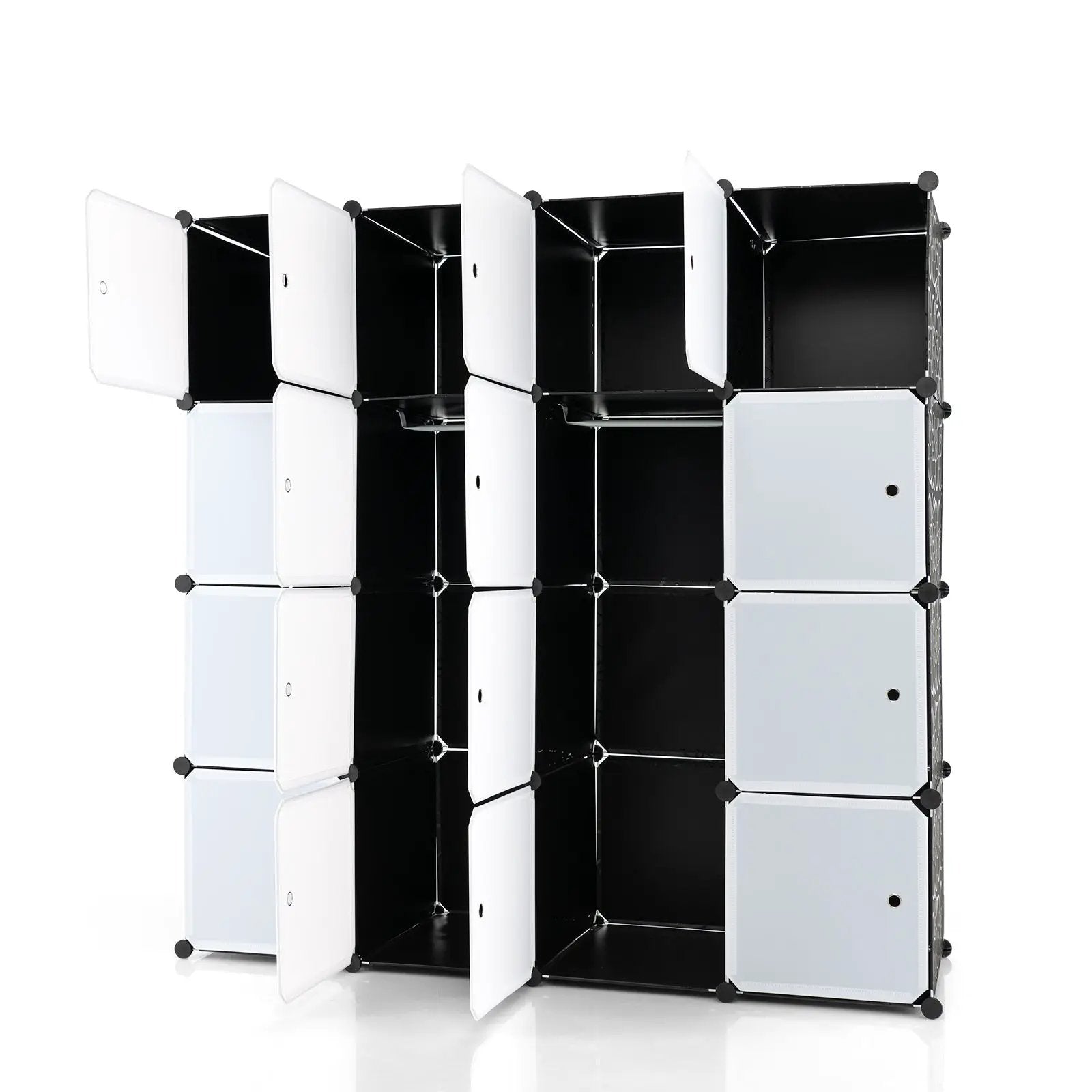 16-Cube Storage Organizer with 16 Doors and 2 Hanging Rods-Black by DirectDeals