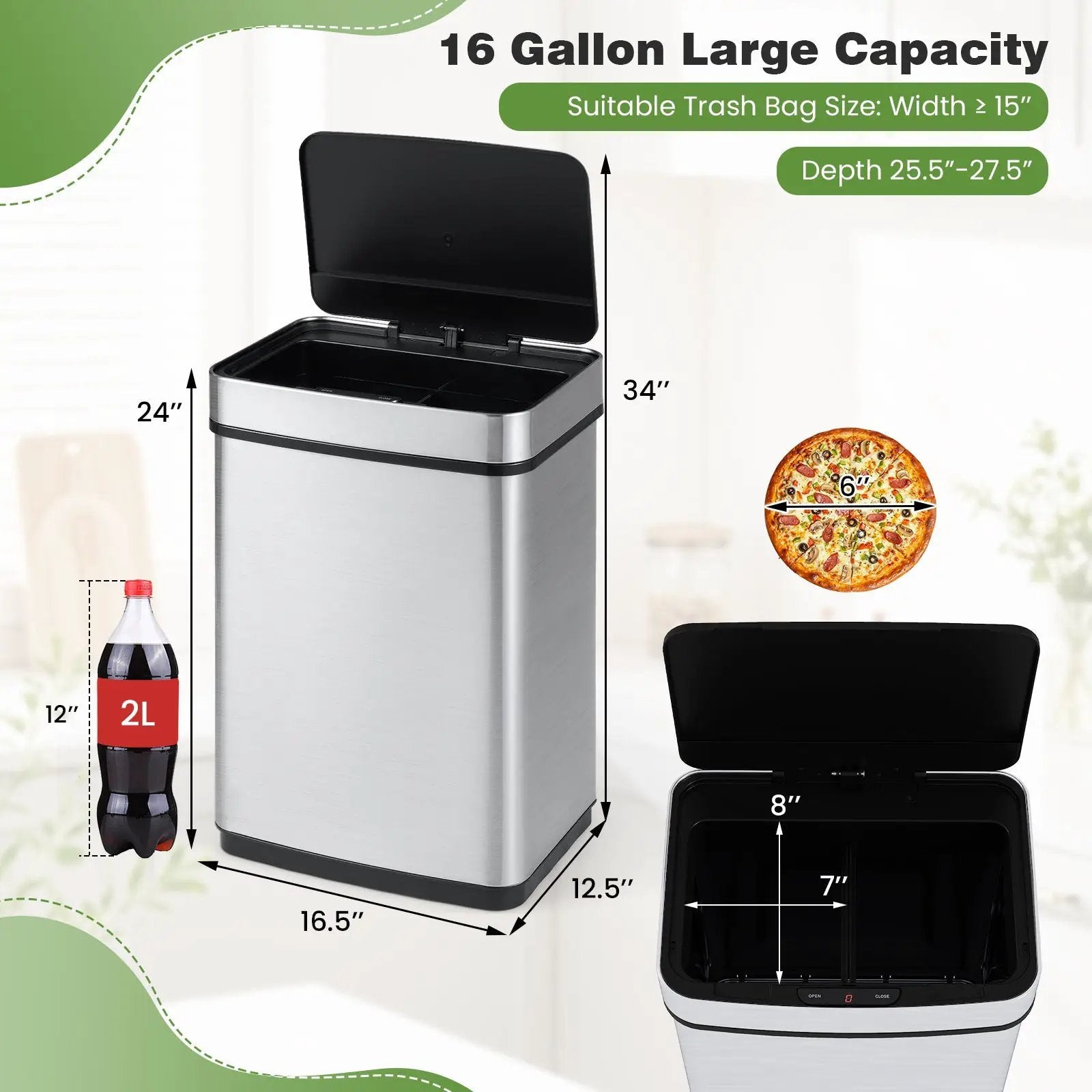 16 Gallon Trash Can Infrared Motion Sensor Garbage Can with Dual Compartments-Silver by DirectDeals