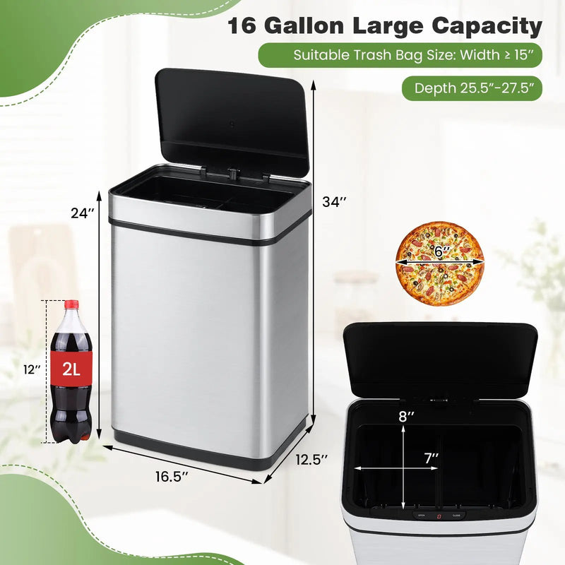 16 Gallon Trash Can Infrared Motion Sensor Garbage Can with Dual Compartments-Silver by DirectDeals