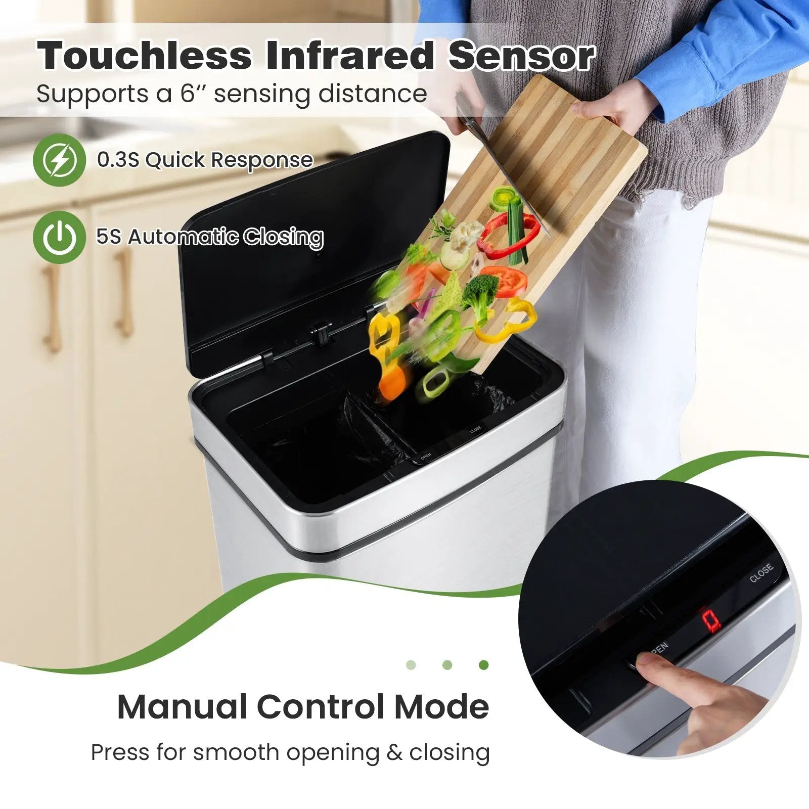 16 Gallon Trash Can Infrared Motion Sensor Garbage Can with Dual Compartments-Silver by DirectDeals
