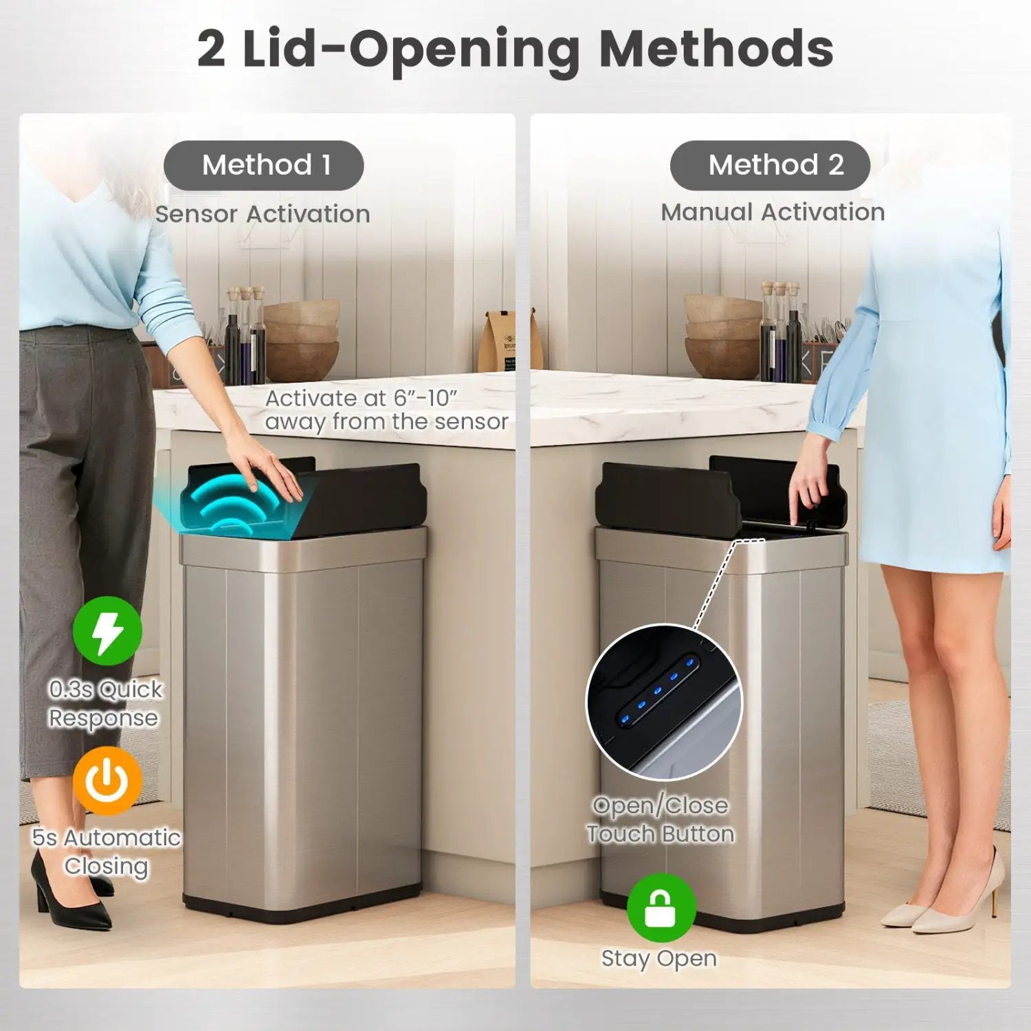 16 Gallon Trash Can with Wing Lids for Bedroom Bathroom Kitchen-Silver by DirectDeals