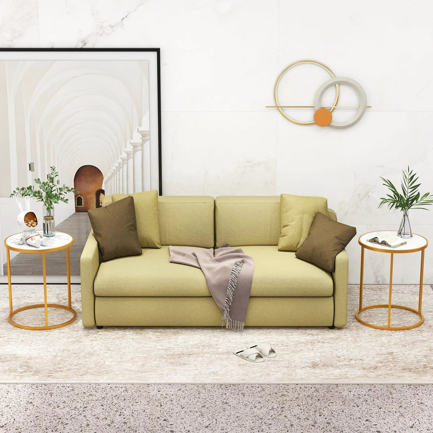 16 Inch Marble Top Round Side Table with Golden Metal Frame for Living Room Bedroom by DirectDeals