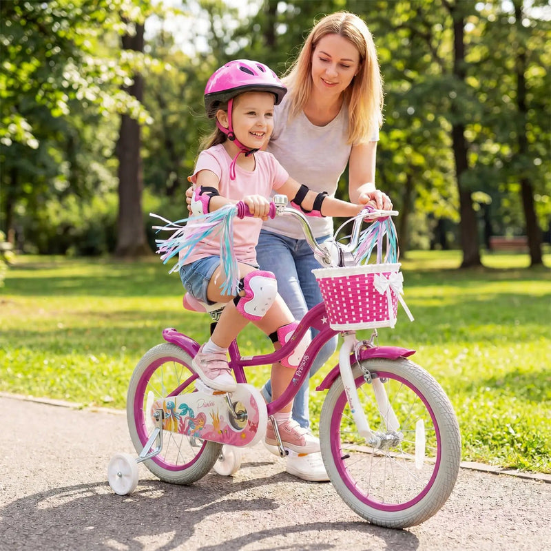 Kids Bike 18-Inch with Training Wheels and Basket Rose Red by DirectDeals