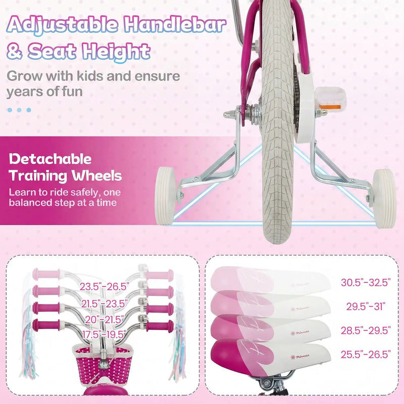 Kids Bike 18-Inch with Training Wheels and Basket Rose Red by DirectDeals